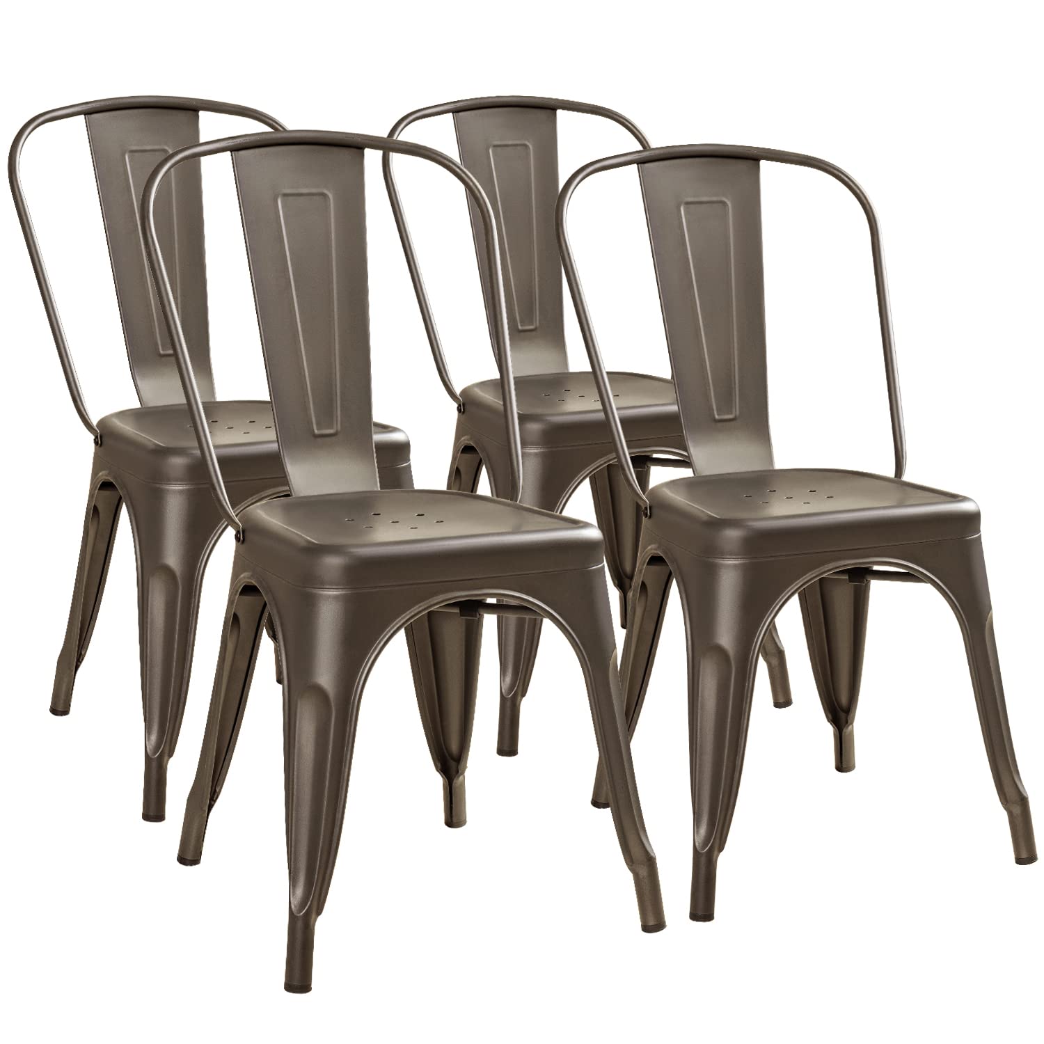 Furmax 4-Pack Stackable Metal Dining Chairs - Indoor & Outdoor Use, Classic Trattoria Style Bistro Cafe Chairs, Gunmetal Finish - Perfect for Restaurants, Patios, Kitchens & Small Spaces