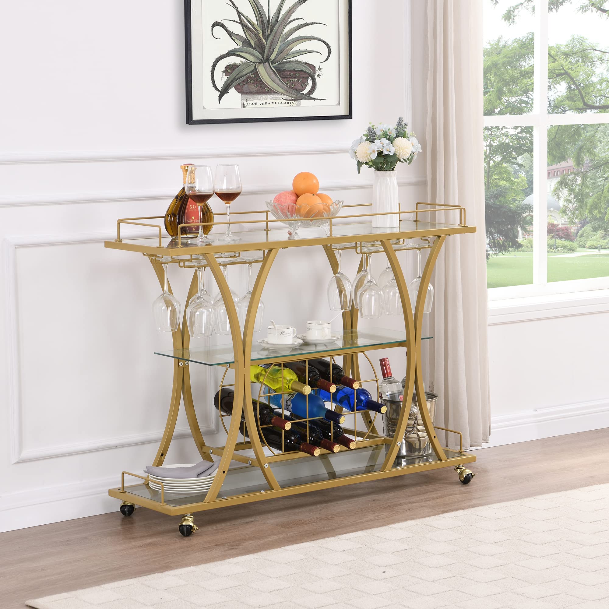 Yoluckea 3-Tier Glass Bar Cart with Wine Rack & Glass Holder - Tempered Glass Shelves, Lockable Wheels - Mobile Kitchen Storage for Wine, Cocktails & Entertaining - Perfect for Home Bars, Dining Rooms & Outdoor Parties