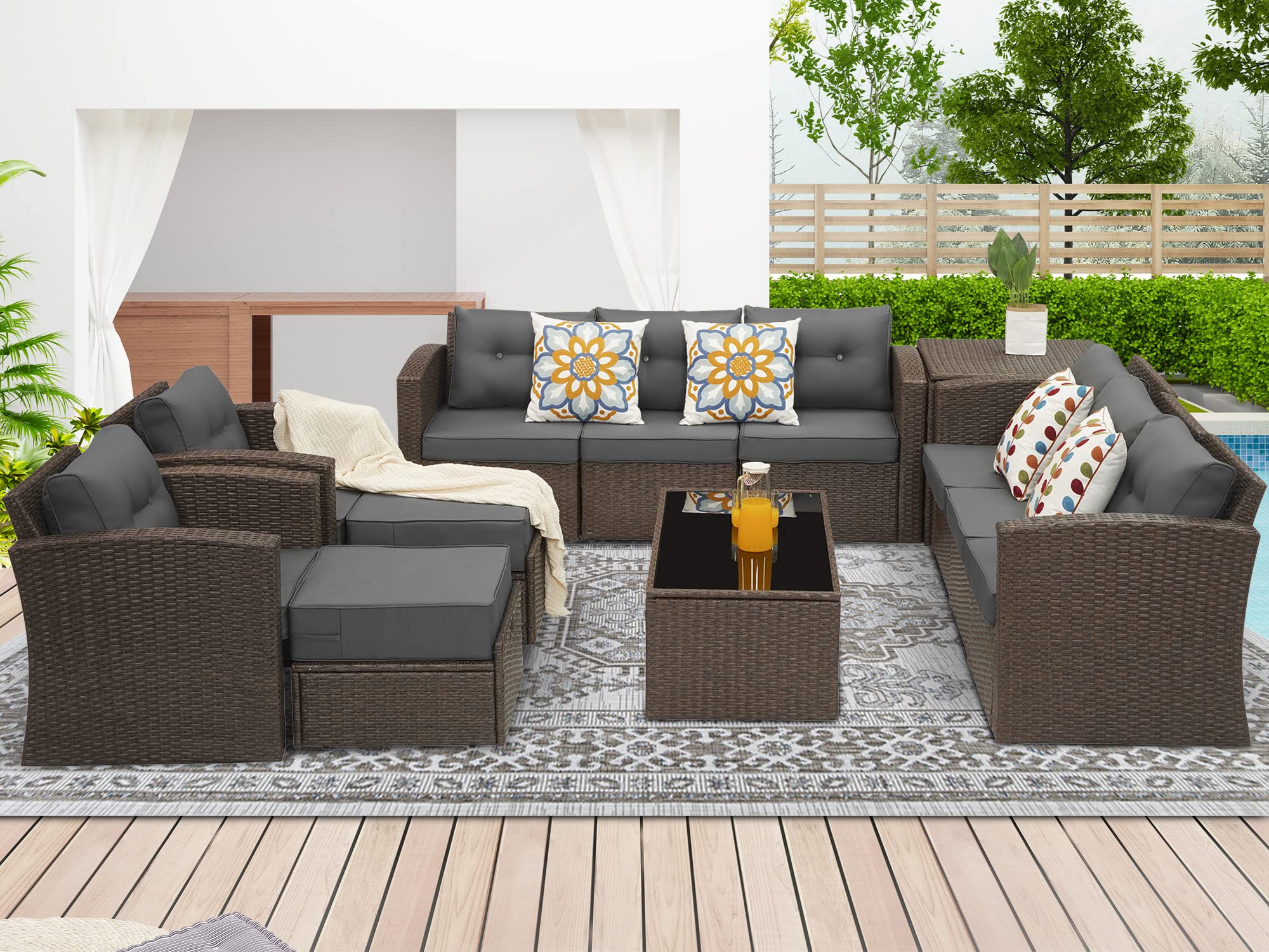 12-Piece Aluminum Outdoor Patio Conversation Set - All-Weather Brown Wicker Rattan Sectional Sofa with Dark Grey Cushions & Storage Box - Perfect for Backyard, Garden, Poolside & Terrace Relaxation