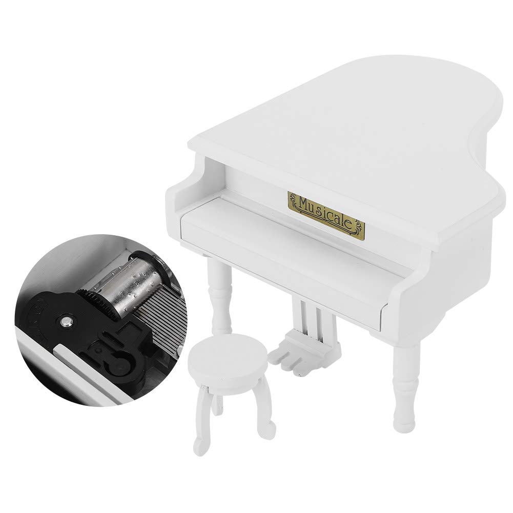 White Wooden Piano Music Box - Handcrafted Jewelry Storage Box with Stool | Elegant Home Decor Gift for Music Lovers | Perfect for Bedroom, Living Room & Wedding Decor