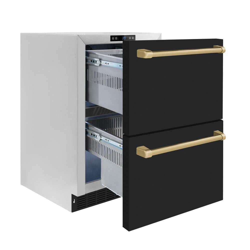 ZLINE Autograph Edition 24 Inch Outdoor Rated Dual Refrigerator Drawer with Black Matte Doors & Champagne Bronze Handles - 168 Can Capacity, Touchstone Series (RDSOZ BLM 24 CB) - Perfect for Outdoor Kitchens, Patio Bars & Entertaining Spaces