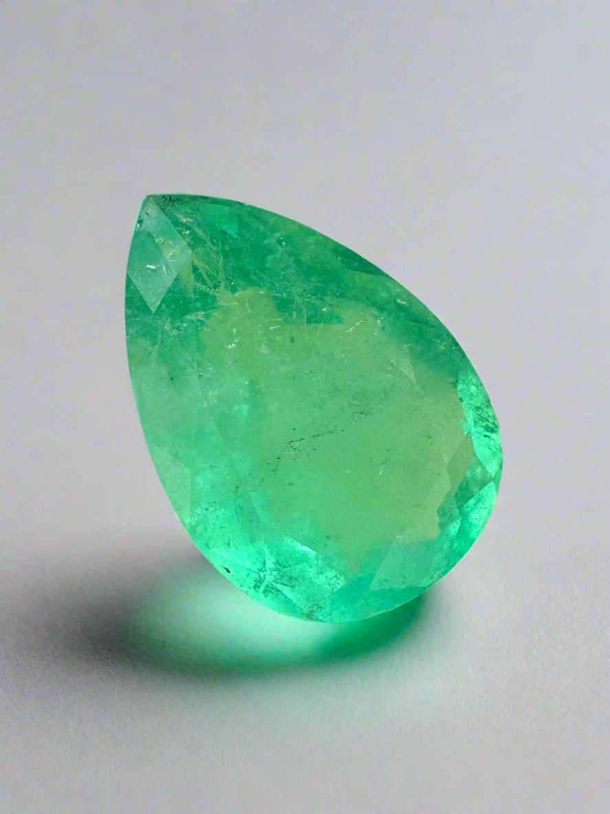 5.21 Carat 14x10mm Pastel Lime Green Natural Loose Colombian Emerald Pear Cut Gemstone for Jewelry Making, Engagement Rings & Luxury Collections