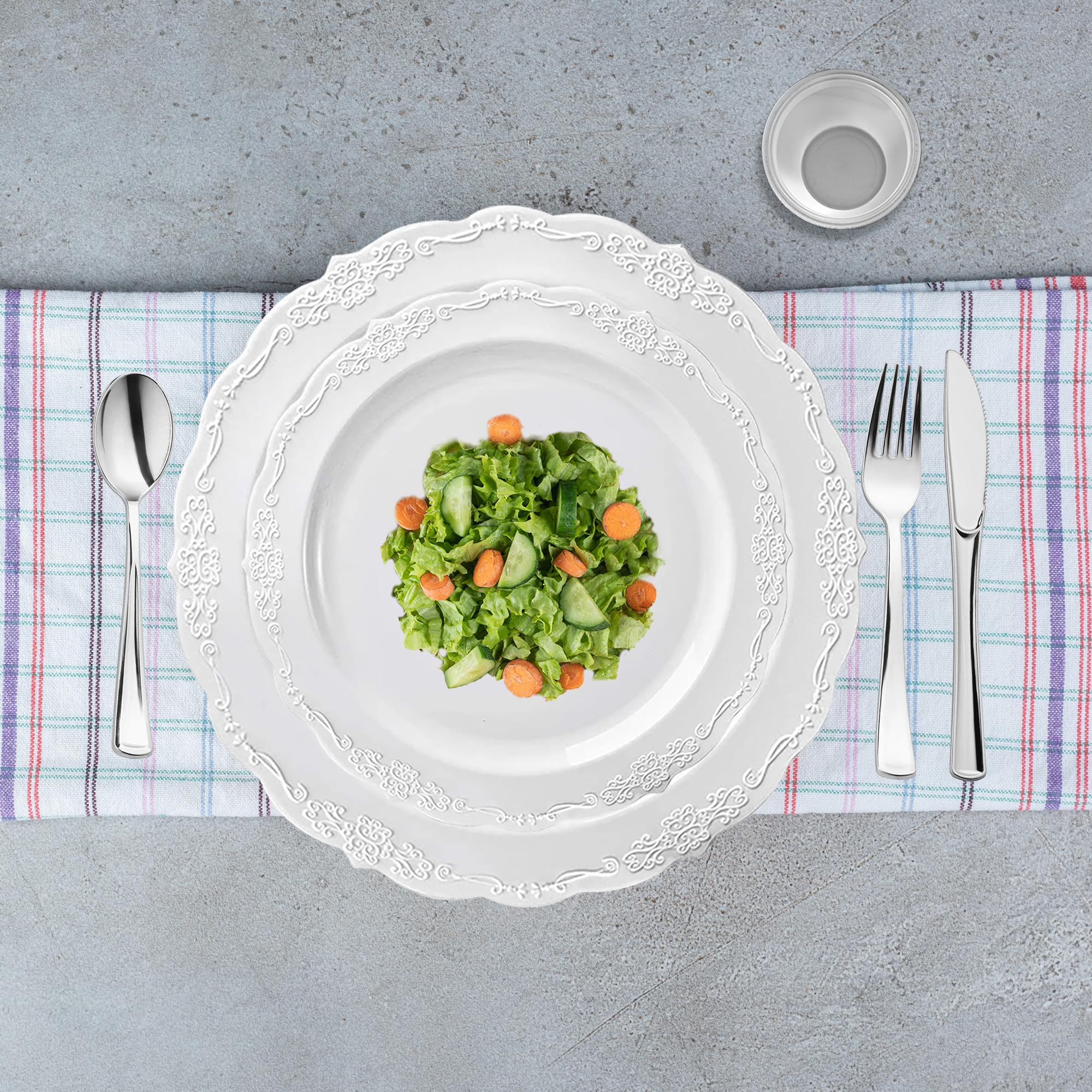 Smarty Had A Party Elegant Plastic Plates Wedding Value Set for 120 Guests - Disposable Dinnerware with White Plates, Silverware & Clear Plastic Cups - Perfect for Weddings, Bridal Showers & Formal Events