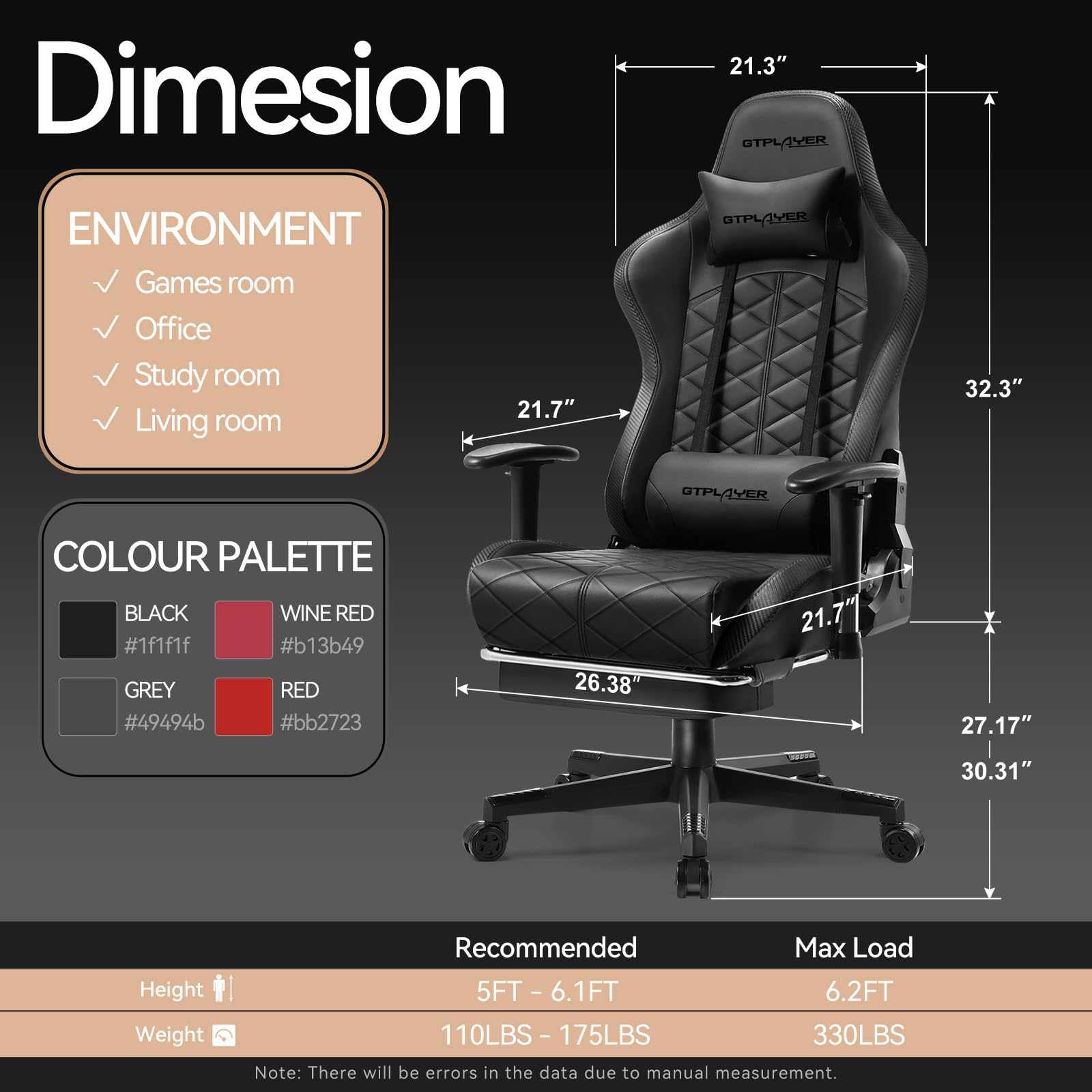 GTPLAYER Ergonomic Gaming Chair with Bluetooth Speakers - High Back Office Computer Desk Chair with Lumbar Support & Footrest - 330LBS Weight Capacity (Black) - Perfect for PC Gaming, Home Office & Streaming Setup