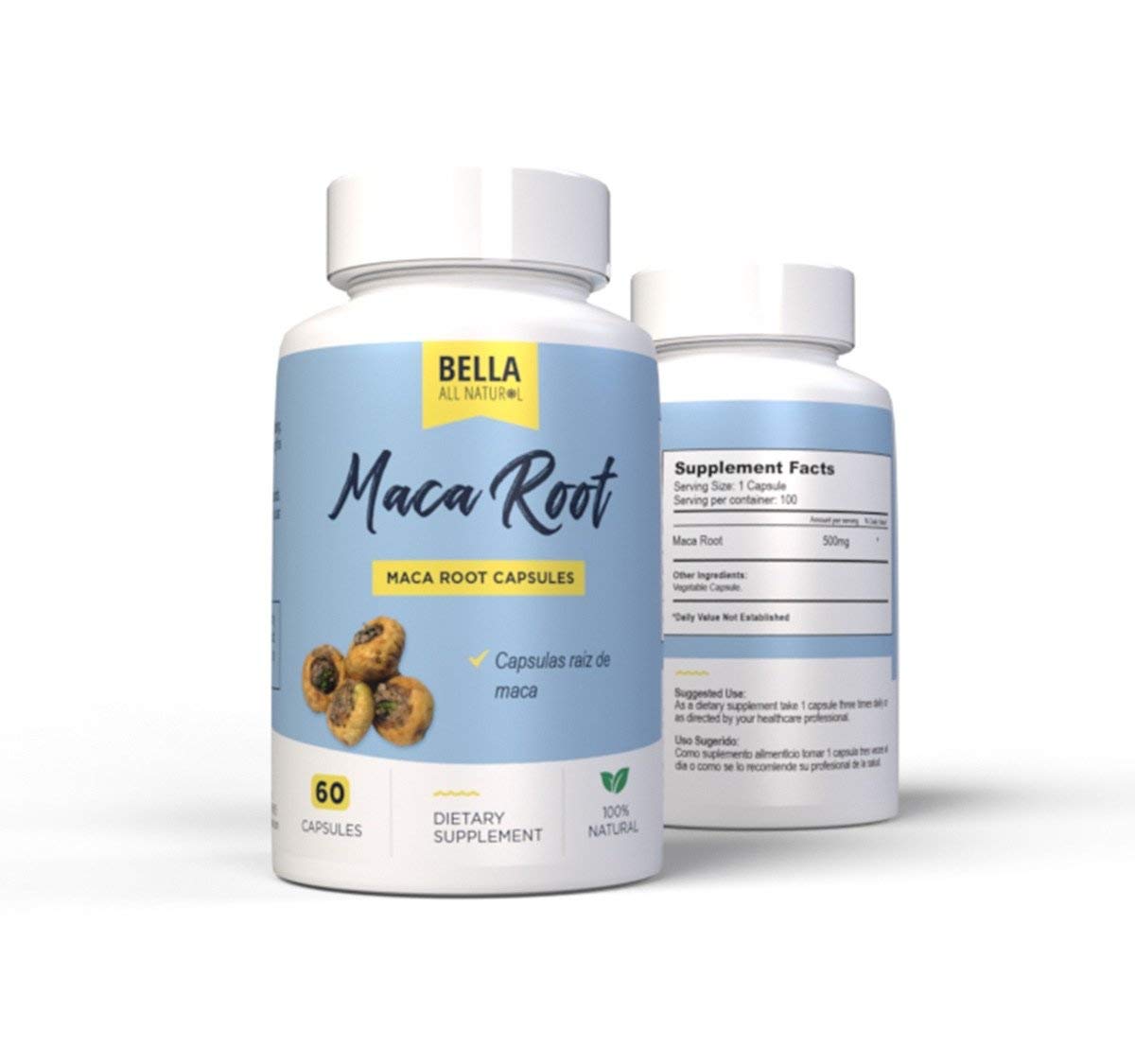 Bella All Natural Maca Root Supplement - 60 Capsules for Energy, Stamina & Hormone Balance | Vegan, Non-GMO | Supports Workout Performance & Stress Relief