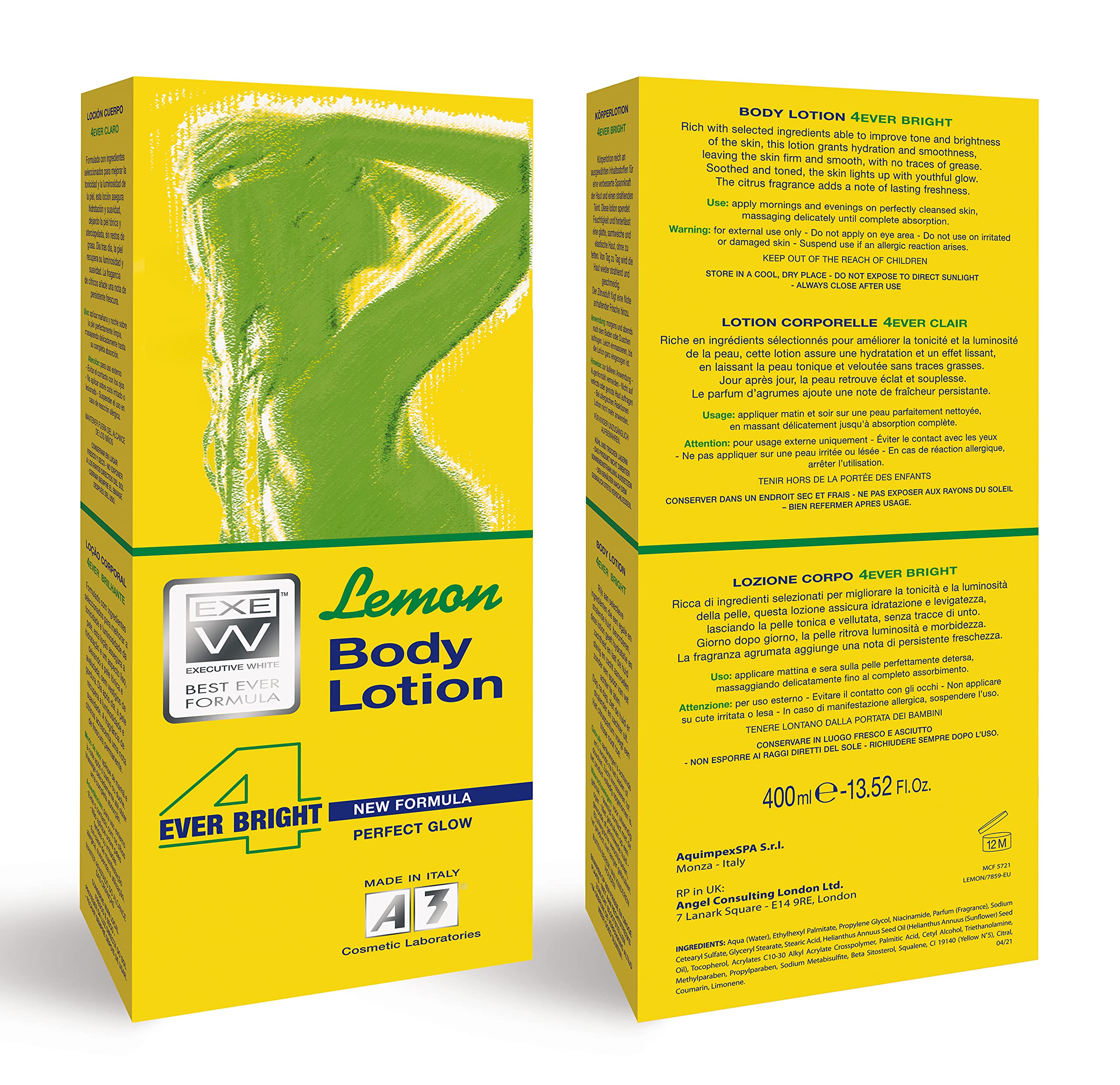 A3 Lemon Lotion 4Ever Bright - 400ml Skin Brightening & Moisturizing Cream for Face & Body - Lightens Dark Spots & Evens Skin Tone - Perfect for Daily Skincare Routine & Summer Skin Care