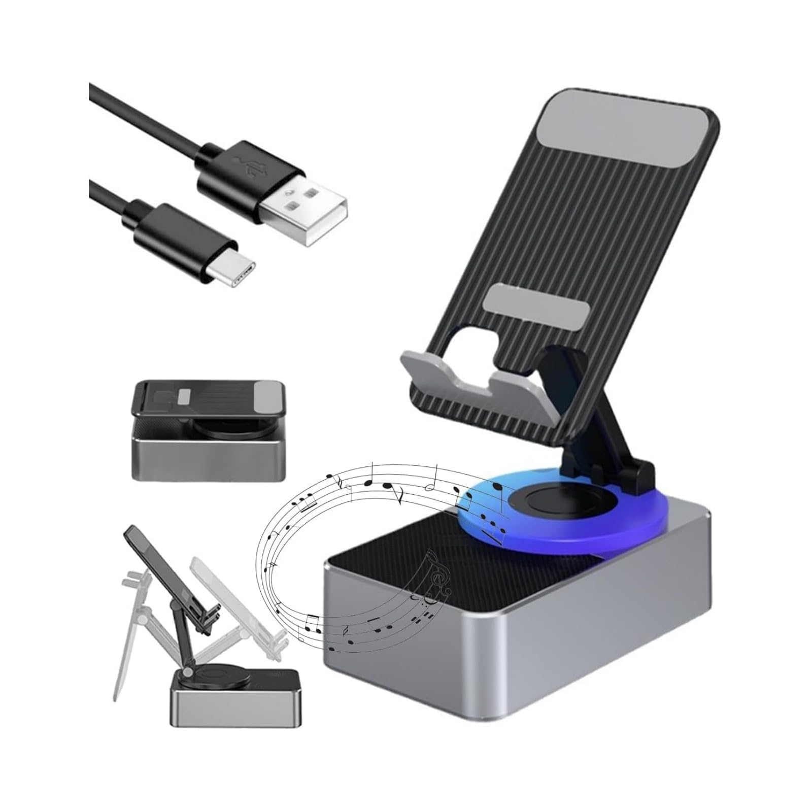 QLNGSHP 3-in-1 Bluetooth Audio Power Phone Holder - Foldable Cell Phone Stand with Wireless Speaker & 5000mAh Power Bank, 360° Rotatable Non-Slip Design (Gray) - Perfect for Home Office, Car Travel & Video Calls