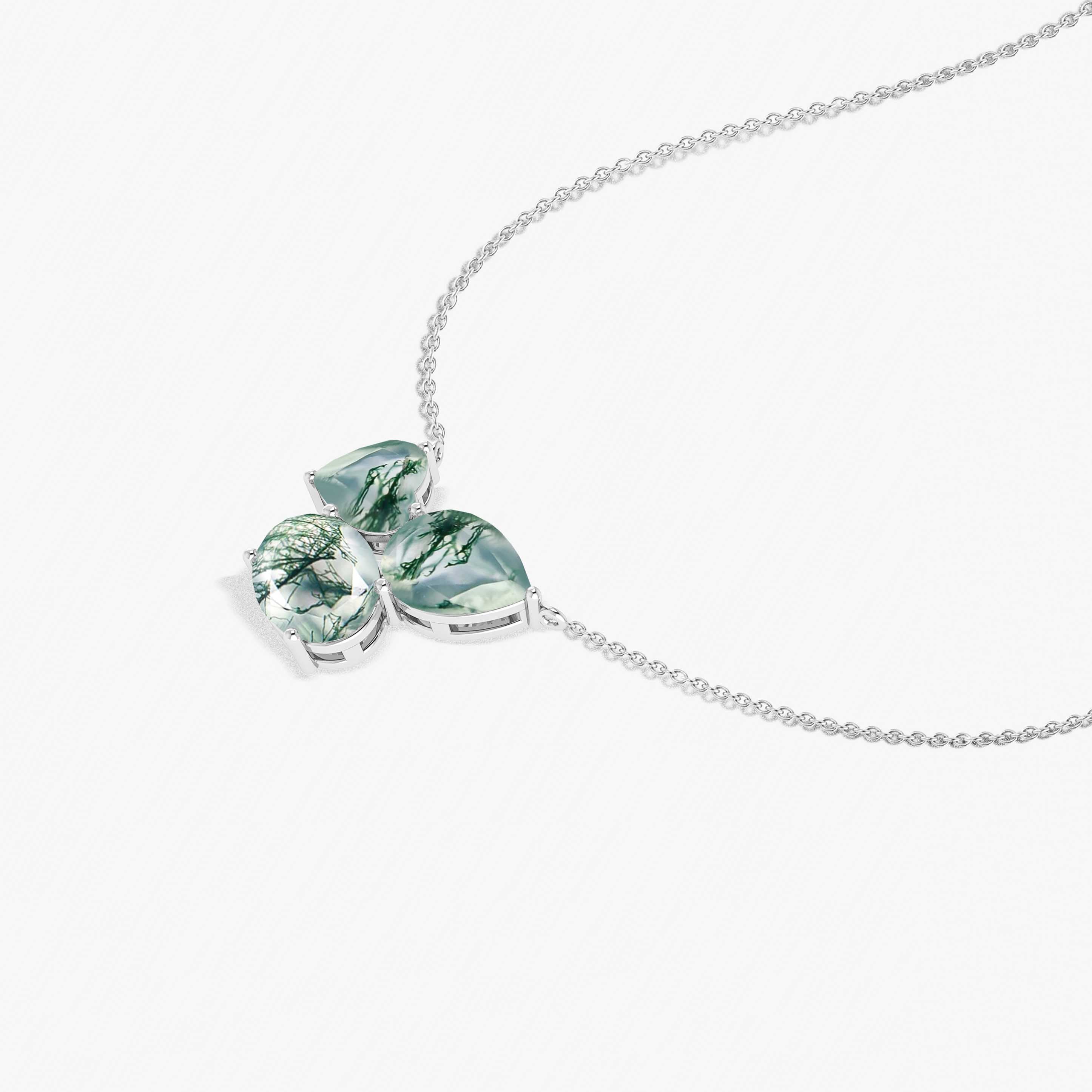 Natural Moss Agate Three Stone Pendant Necklace - Healing Crystal Jewelry for Women - Perfect for Meditation, Yoga & Spiritual Gifts
