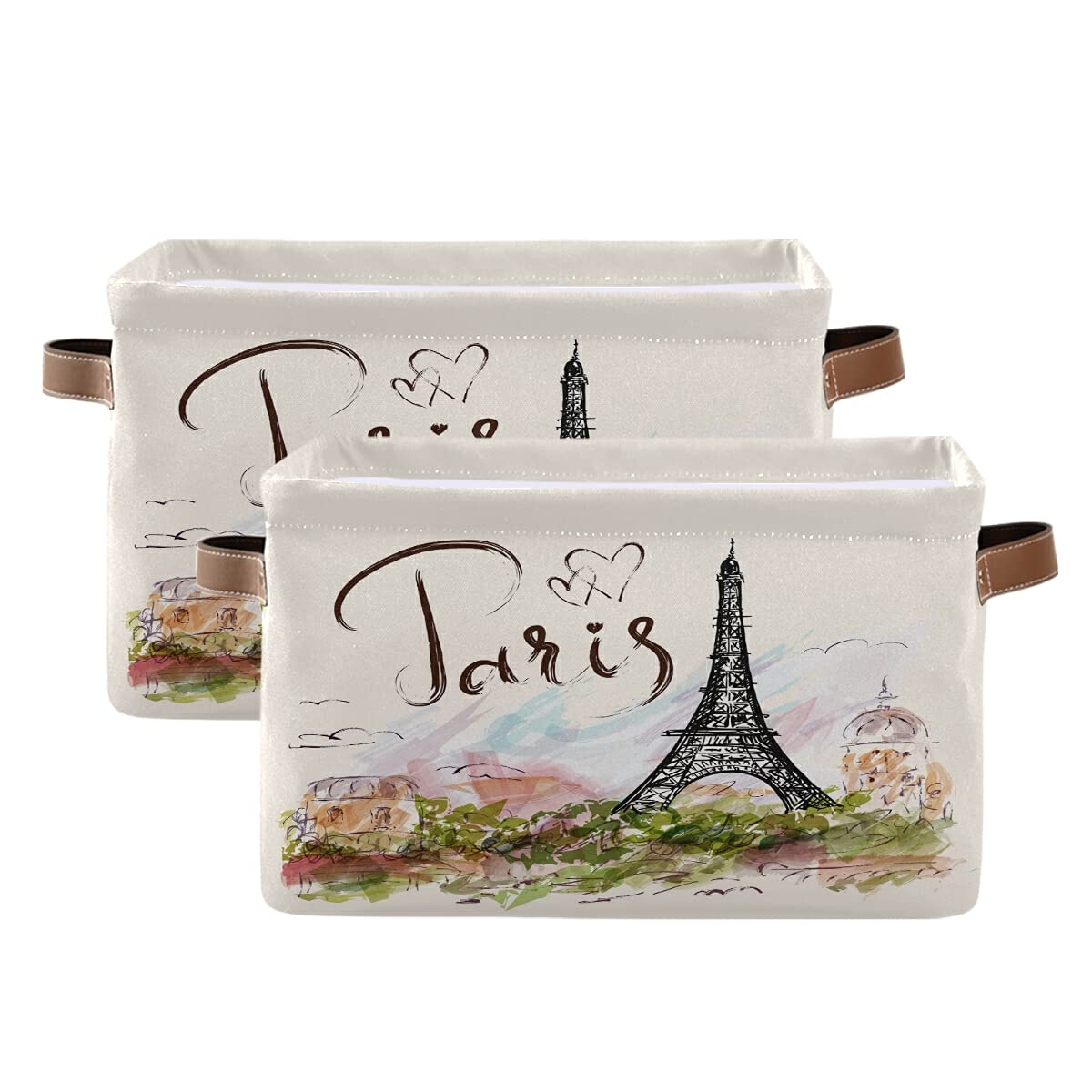 Paris Eiffel Tower Foldable Storage Baskets - Waterproof Collapsible Fabric Storage Bins with Handles, Sturdy Canvas Storage Cubes for Organizing Shelves, Nursery, Home & Closet (2-Pack) - Perfect for Home Organization, Kids' Room Storage & Space Saving Solutions