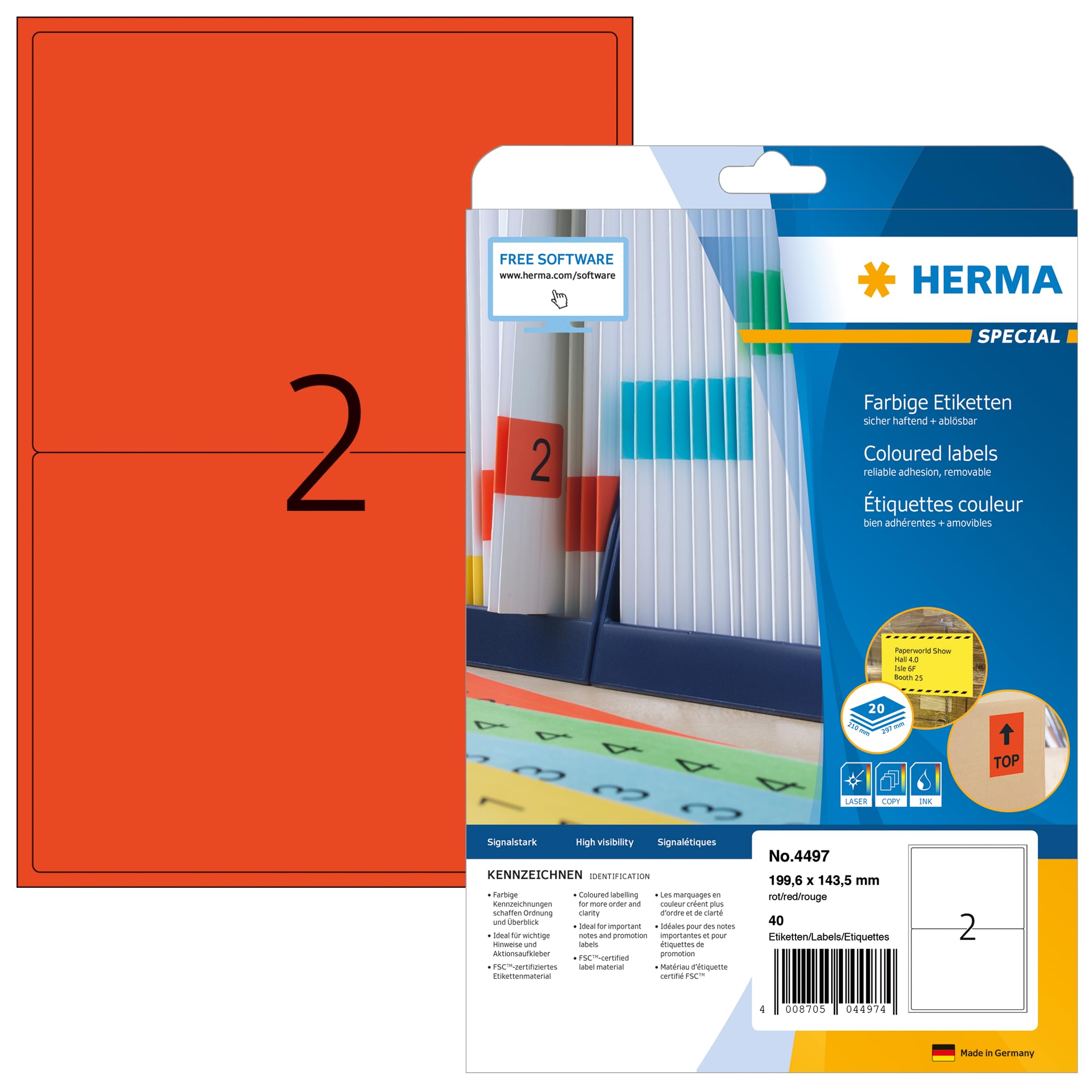 HERMA 4497 Self Adhesive Colored Labels - 40 Blank Removable Stickers (2 per A4 Sheet, 20 Sheets, 199.6x143.5mm) for Laser & Inkjet Printers - Perfect for Office Organization, Mailing & Color Coding - Red