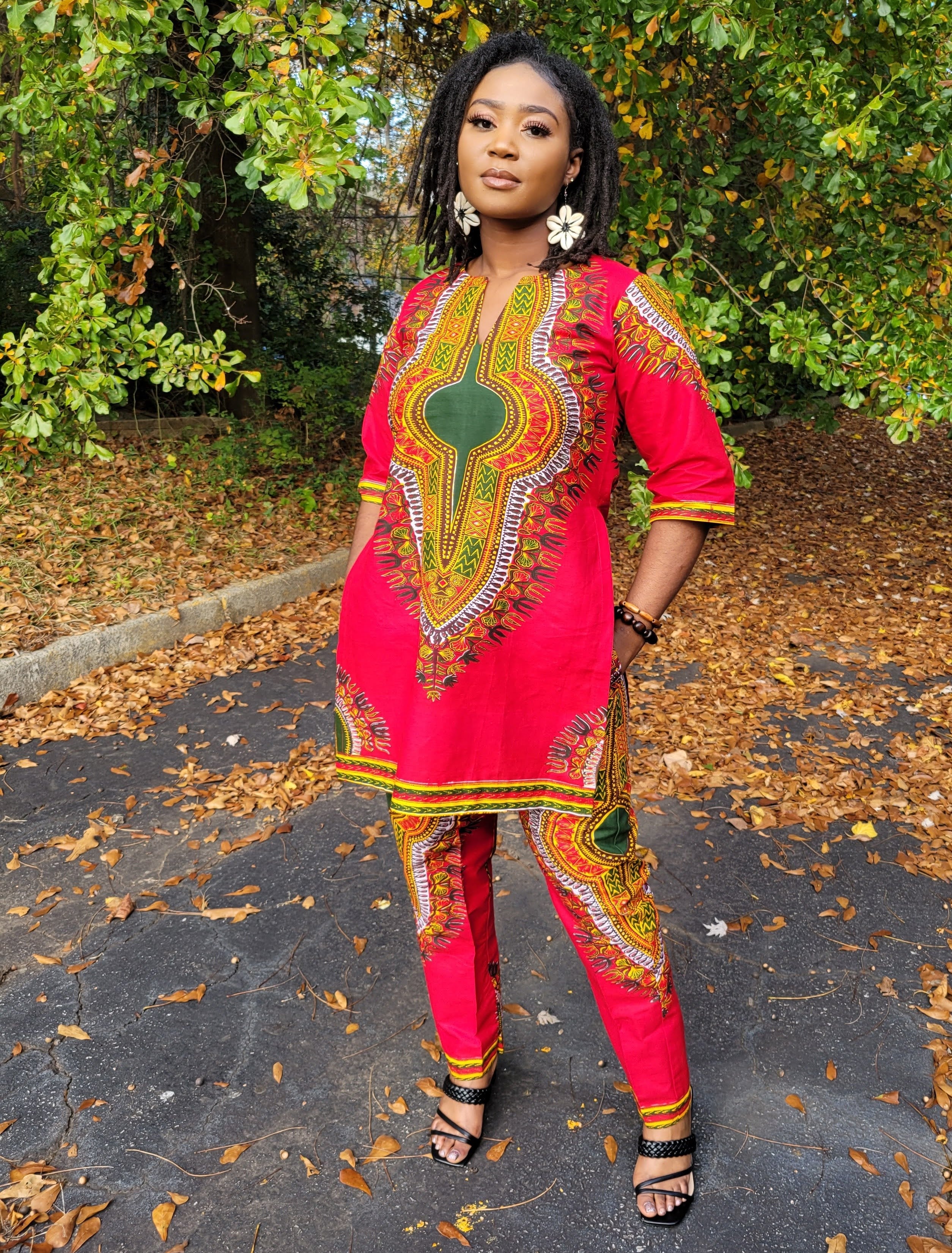 Jamilah Red Dashiki Top and Pant Set DP3975LTP - African Print Outfit for Women | Perfect for Cultural Events, Parties, and Casual Wear