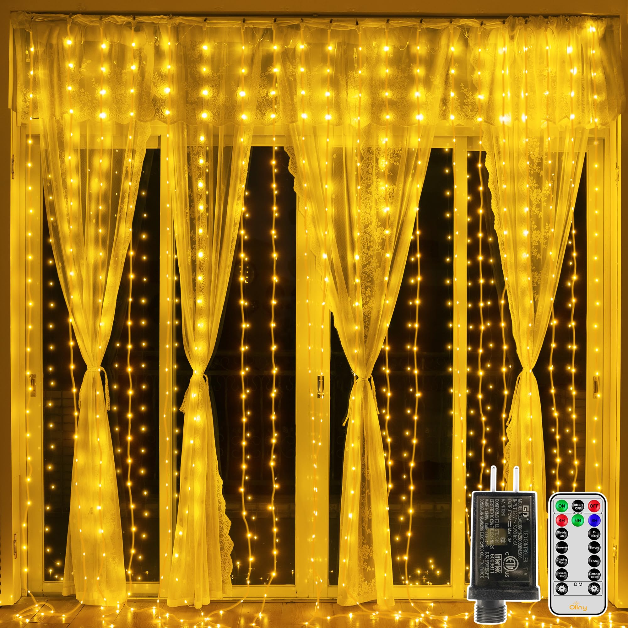 Ollny 300LED Connectable Waterproof Outdoor Curtain String Lights - 9.8ft x 9.8ft Fairy Lights with Remote, 8 Modes & 3 Timers - IP67 Plug-in Untangle LED Lights for Wall Backdrop, Garden, Wedding, Party Decor (Warm White)