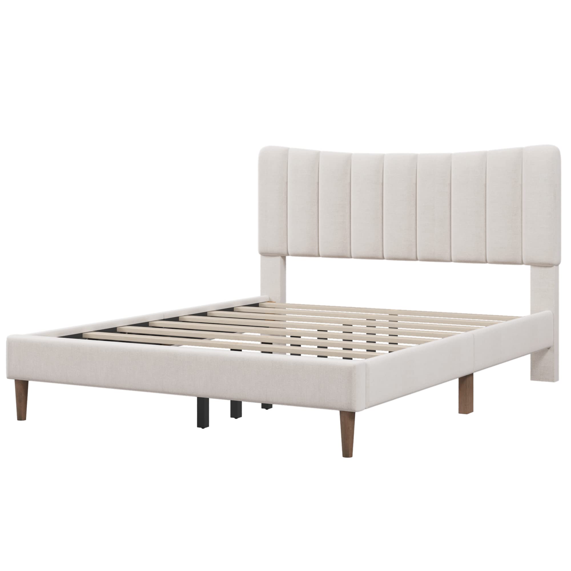 Merax Modern Upholstered Platform Bed with High Wingback Wooden Frame - Queen Size Cream Fabric Bedroom Furniture for Master Bedroom & Guest Room (No Box Spring Needed)