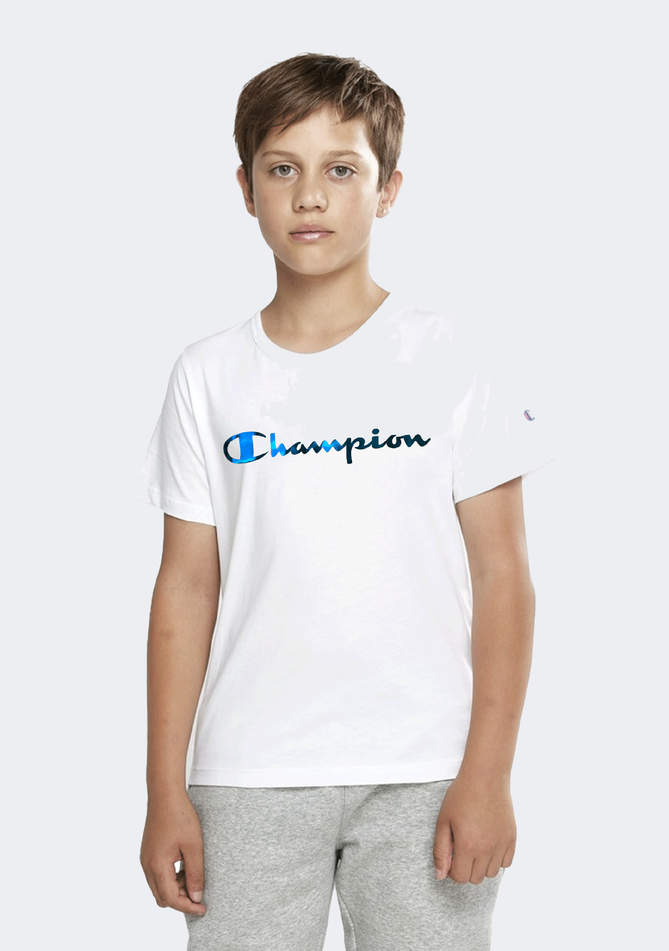 Champion Junior Foil Script Tee - Boys & Girls Graphic T-Shirt | Soft Cotton Short Sleeve Shirt for Kids | Perfect for School, Playdates & Casual Outfits
