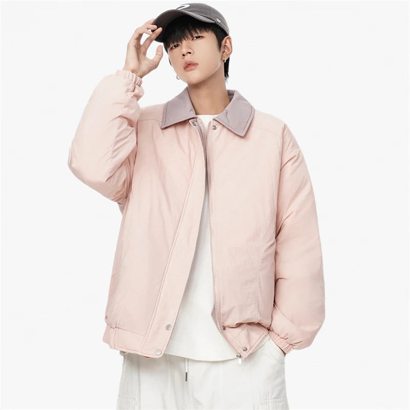 American Style Men's Padded Jacket with Turn-Down Collar, Contrast Color Zipper, Loose Fit Thick Short Coat for Winter - Casual Outdoor Wear, Street Fashion, and Daily Commuting (2024 Collection, Style 9C8546)