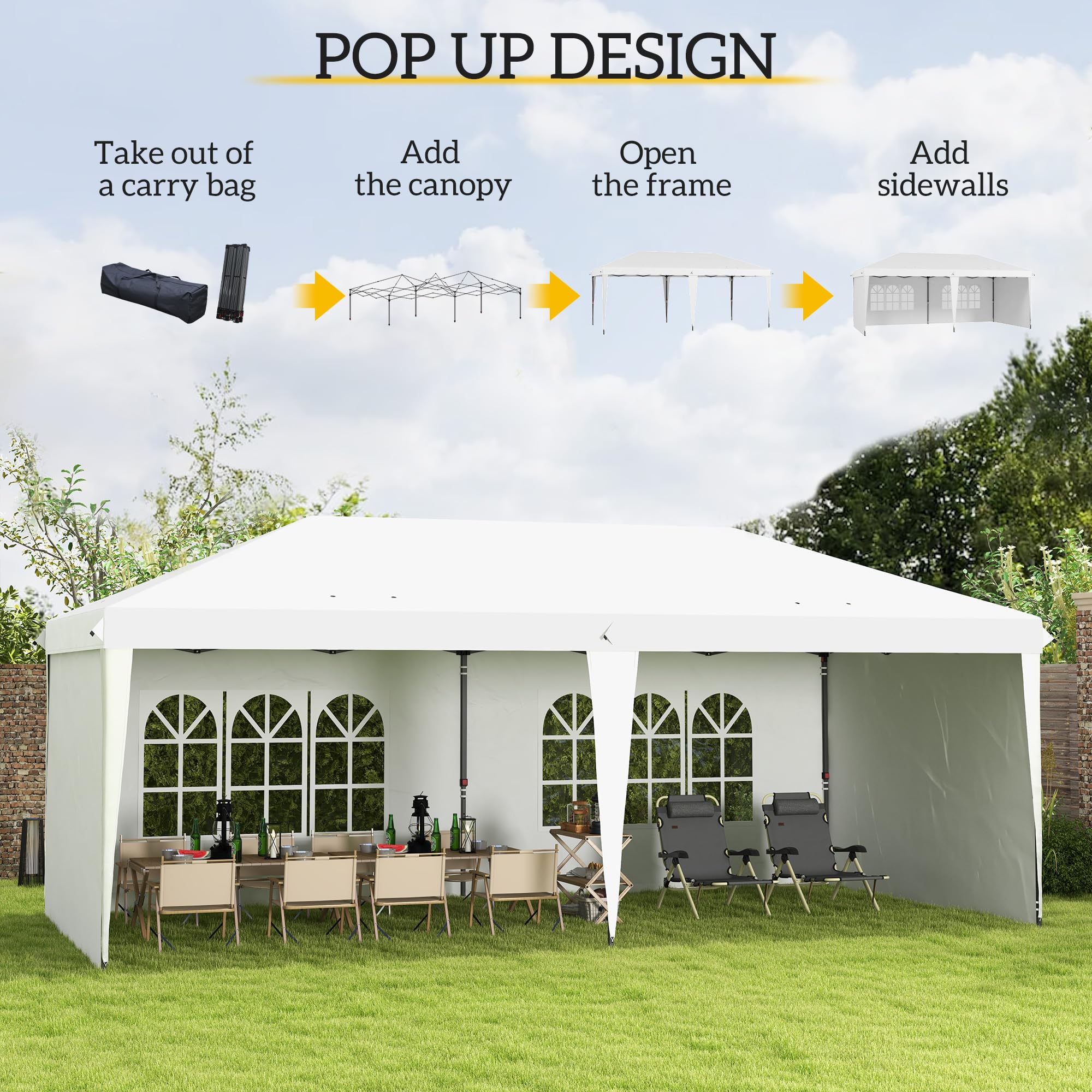 Outsunny 10' x 20' Heavy Duty Pop Up Canopy Tent with 4 Removable Sidewalls - Waterproof Instant Shelter Gazebo for Outdoor Parties, Camping, Beach, Backyard, Garden & Patio - Includes Carrying Bag (White)