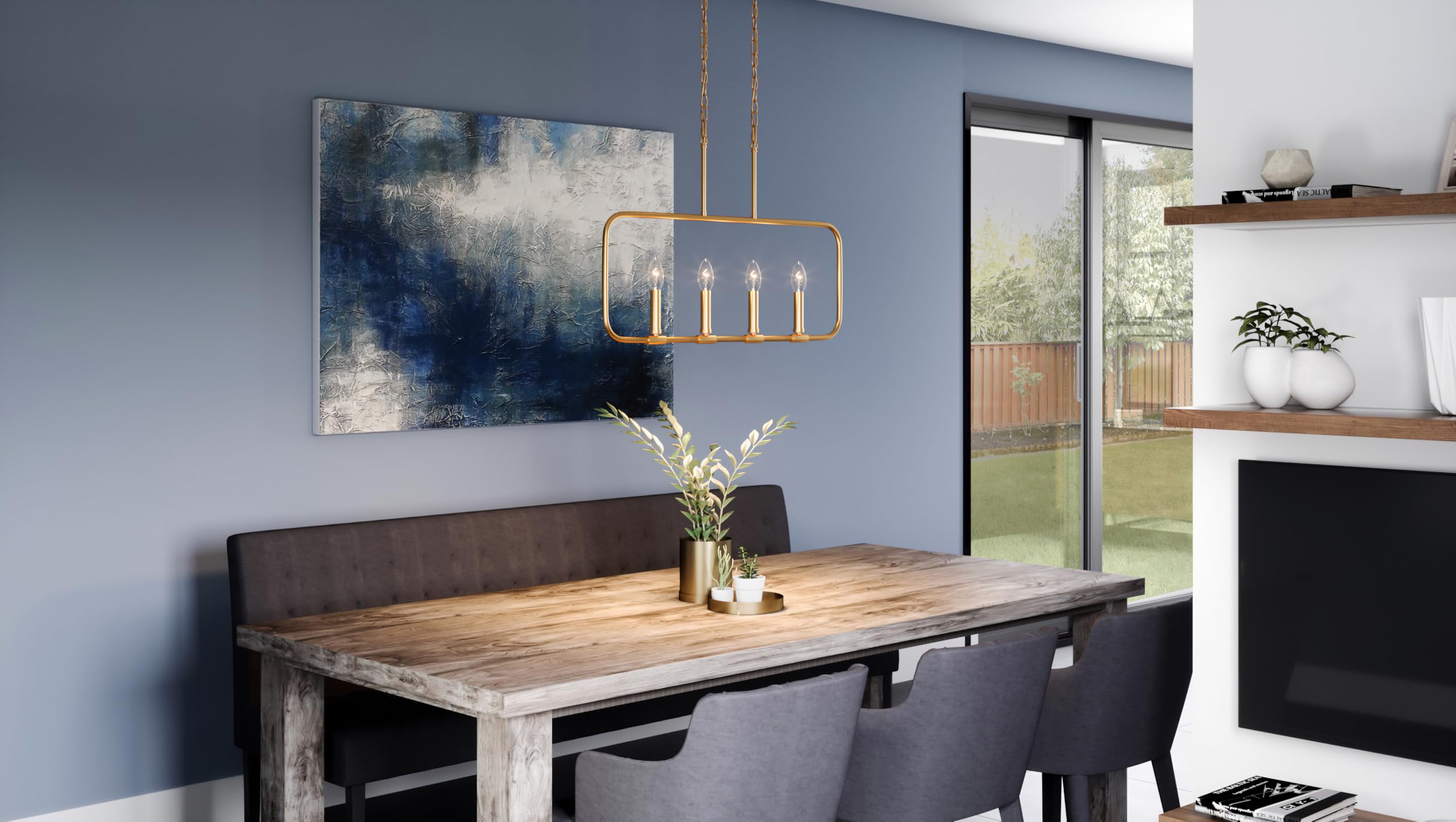 Quoizel Abner 4-Light Aged Brass Linear Chandelier - Modern Farmhouse Ceiling Light Fixture for Dining Room, Kitchen Island & Entryway Lighting