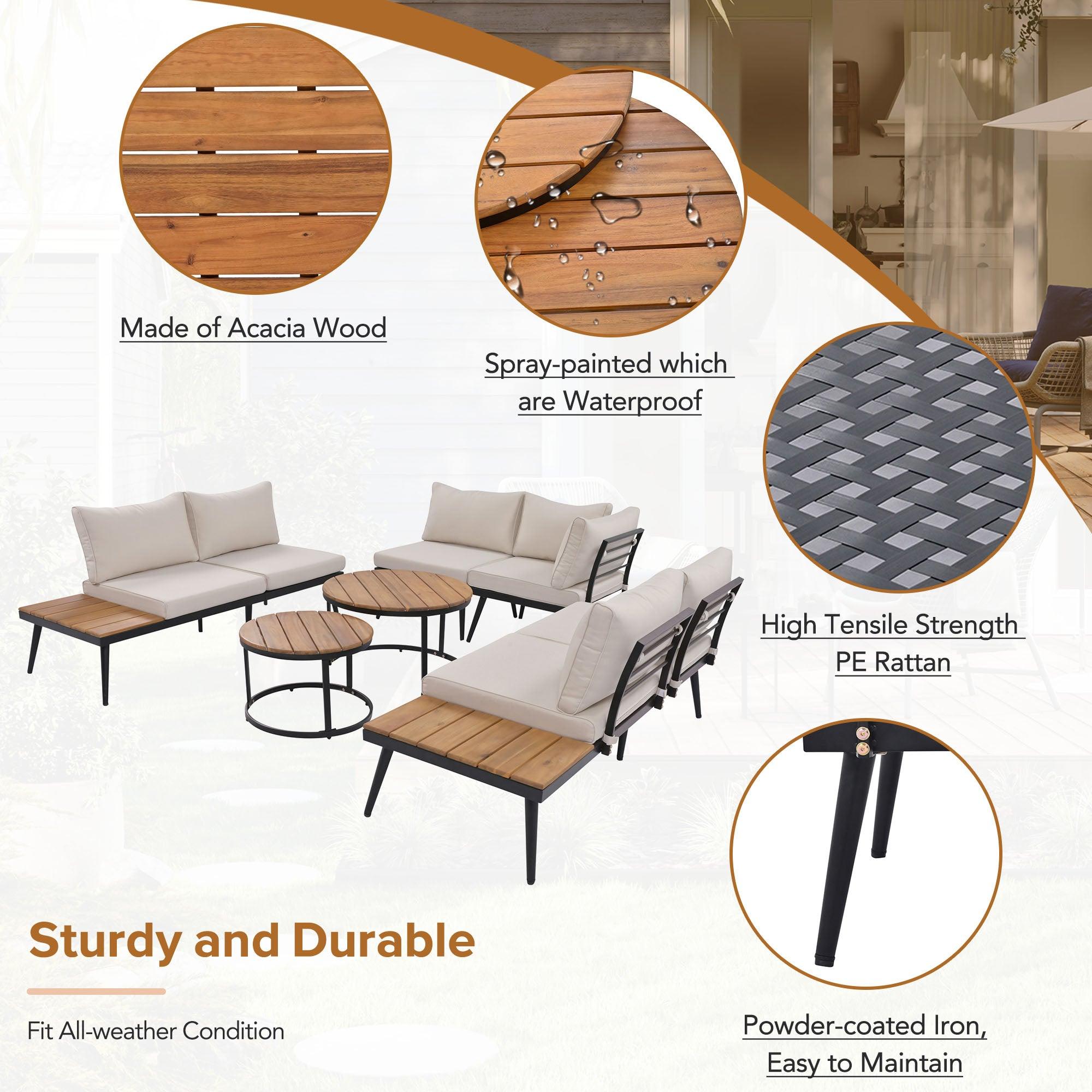 6-Piece Outdoor Sectional Sofa Set with Round Nesting Coffee Tables & Cushioned Seating - Patio, Porch, Garden Furniture for Backyard, Poolside & Outdoor Living Spaces