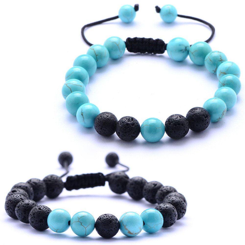 2Pcs Braided Rope Lava Stone Essential Oil Diffuser Bracelets - Adjustable Aromatherapy Jewelry for Men & Women, Blue Turquoise Chakra Beaded Friendship Couple Bracelets - Perfect for Yoga, Meditation & Gift Giving
