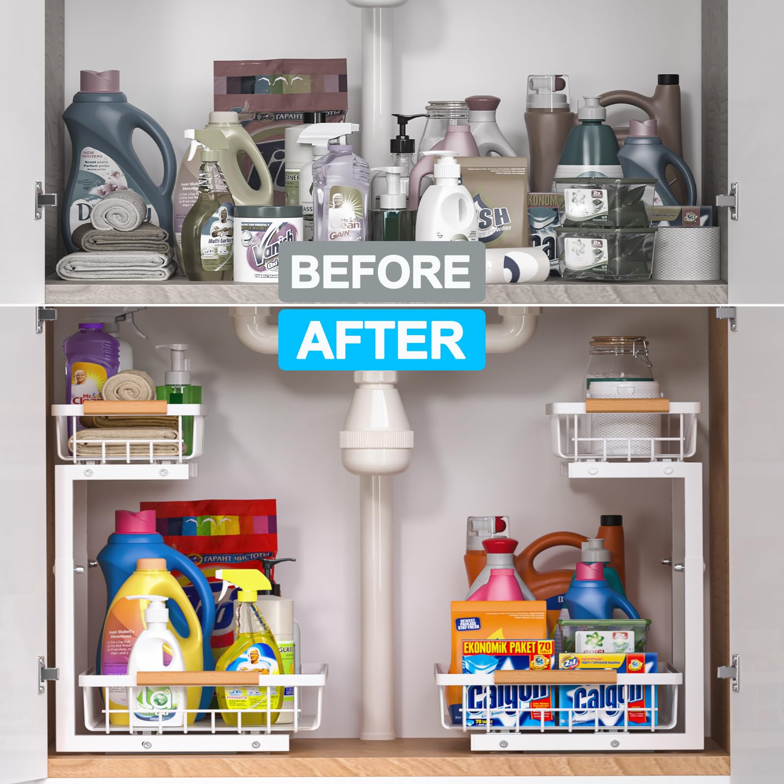 2-Pack Under Sink Organizer with Slide-Out Shelves | Adjustable Height Pull-Out Cabinet Drawers | White Metal Storage Shelf for Kitchen & Bathroom | Perfect for Maximizing Under-Sink Space & Organizing Cleaning Supplies