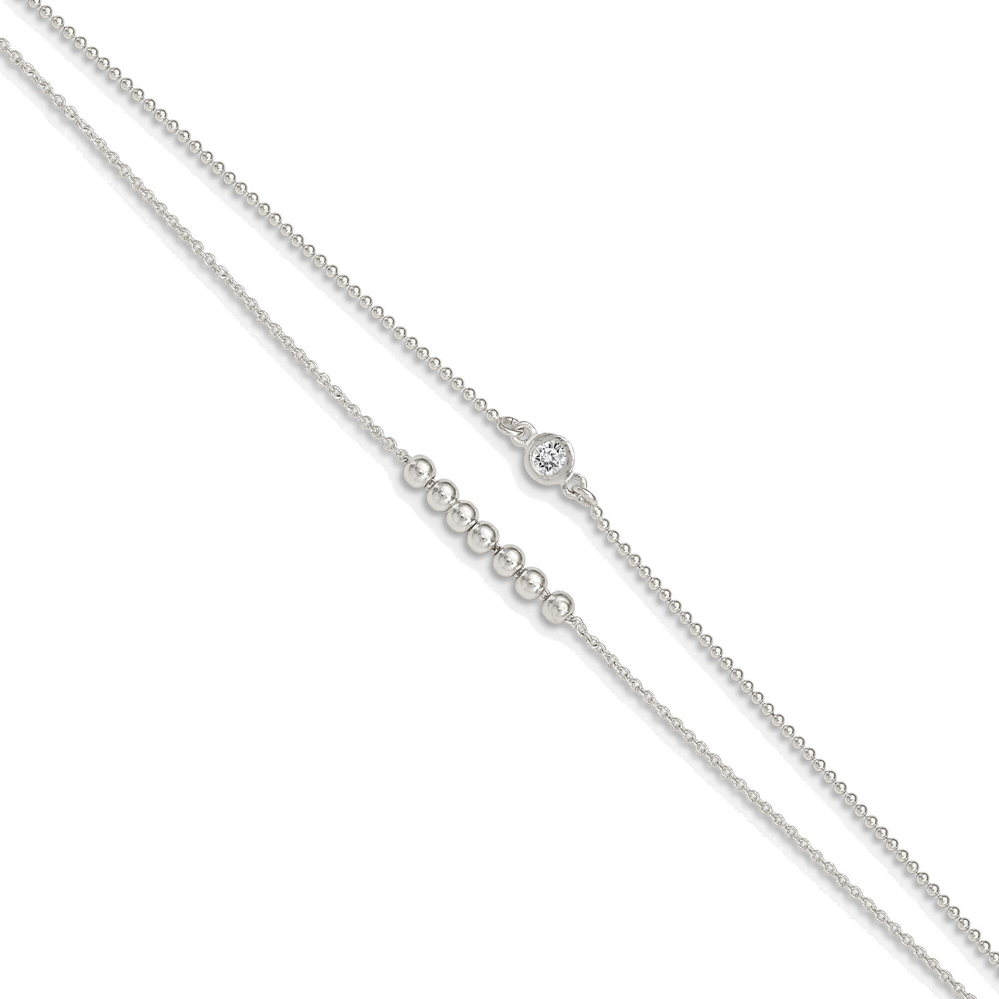 Bonyak Sterling Silver 2-Strand Beaded CZ Anklet Bracelet with 1in Extension - 9in Adjustable Ankle Chain for Women, Perfect for Beach, Summer & Boho Fashion