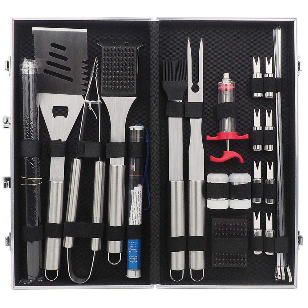 Premium 24PCS Stainless Steel BBQ Grill Tools Set with Thermometer & Meat Injector - Heavy Duty Grilling Accessories Kit for Outdoor Cooking, Camping, Backyard Barbecues - Perfect Gift for Men & Women