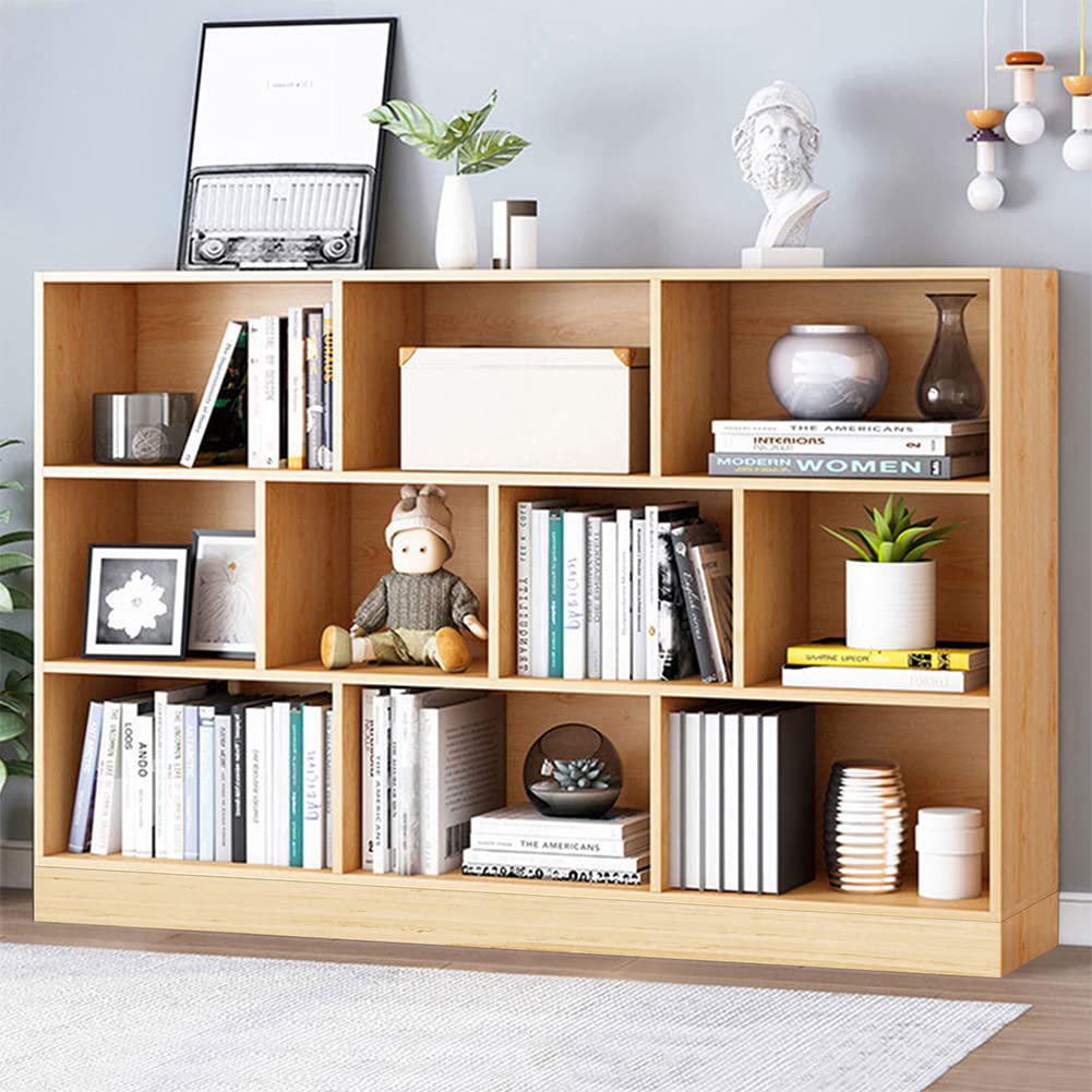 IOTXY 3-Tier Open Shelf Bookcase - Wooden Floor Standing Display Cabinet with 10 Cubes, Short Horizontal Bookshelf Organizer in Pear Yellow | Perfect for Living Room, Bedroom & Office Storage