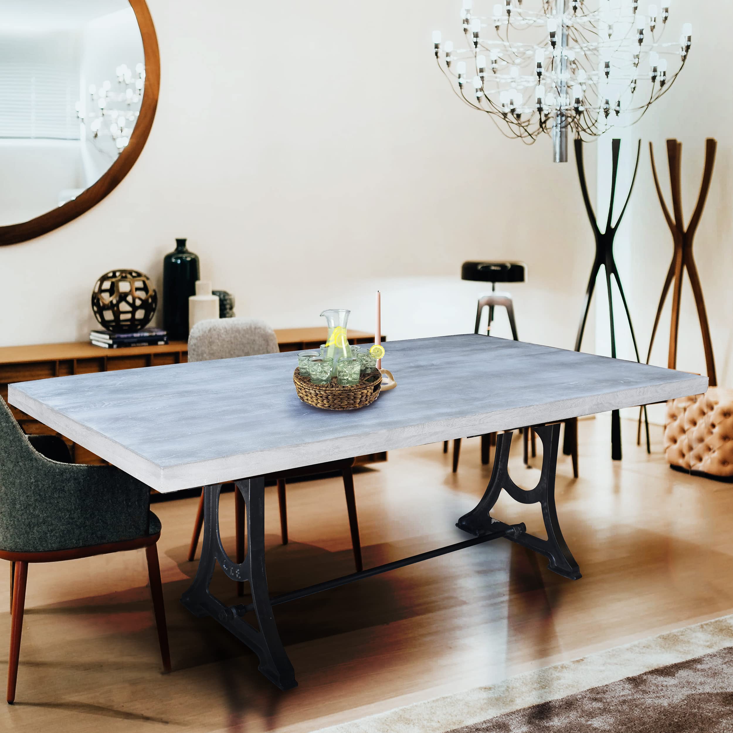 Rustic Grey Wash Mango Wood Dining Table with Iron Base - Farmhouse Style Kitchen Table for Dining Room, Kitchen & Home Decor