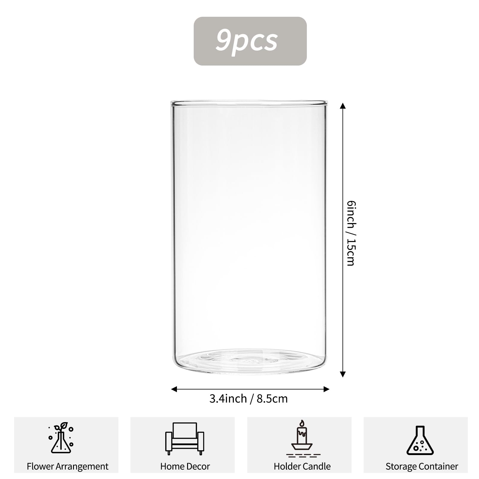 CEWOR 9-Piece Glass Cylinder Vase Set - 6 Inch Clear Hurricane Vases for Wedding Centerpieces, Floating Candles & Home Decor - Perfect for Weddings, Parties & Table Decorations