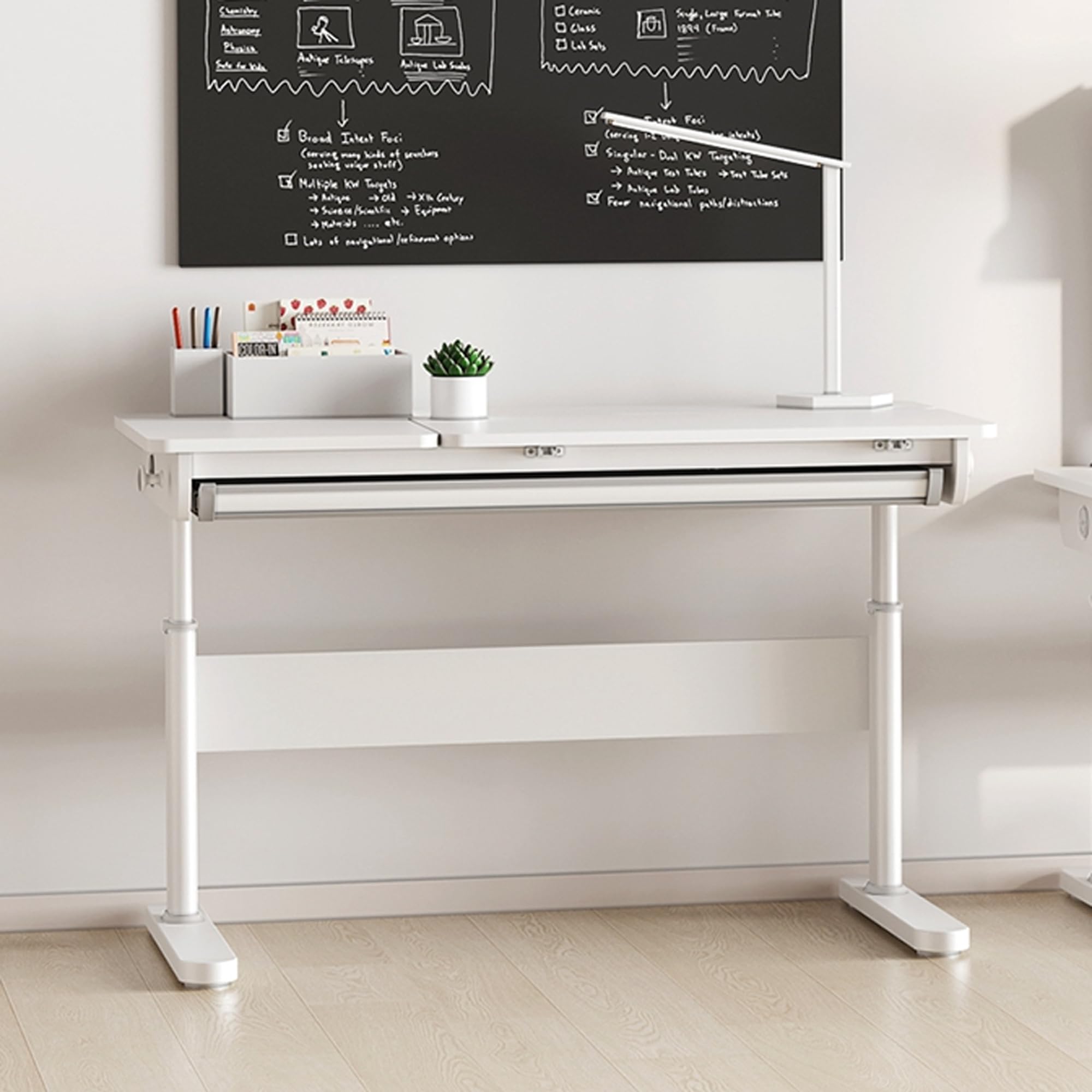 Adjustable Height Kids Study Desk - Ergonomic Wooden Desk with Tiltable Desktop & Storage Drawer for Children 5-18 Years (White) | Perfect for Homeschooling, Online Learning & Bedroom Study Space
