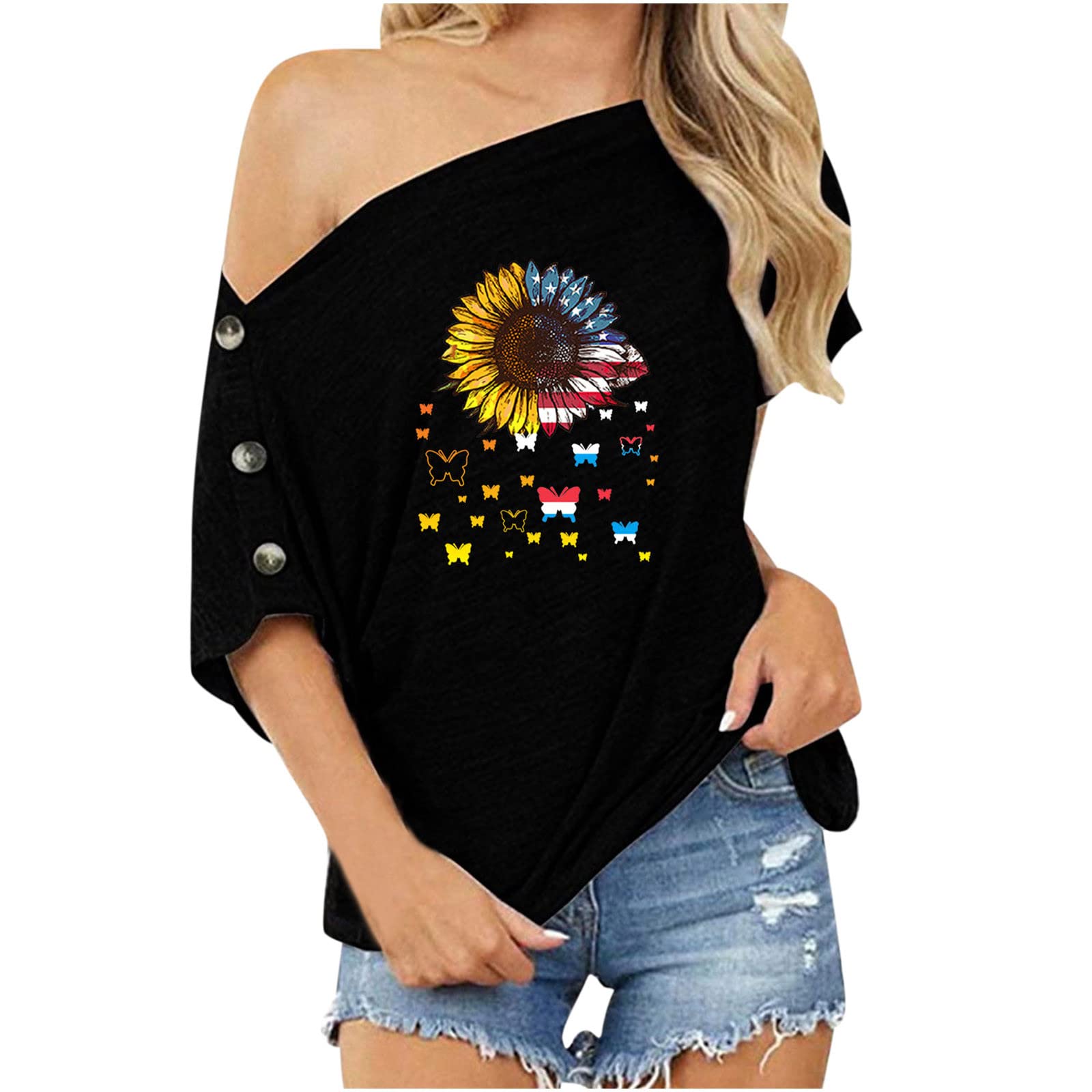 4th of July Women's Casual Short Sleeve One-Shoulder Printed Blouse - Patriotic Summer Top for Independence Day Outfits, Beach Parties & BBQ Gatherings