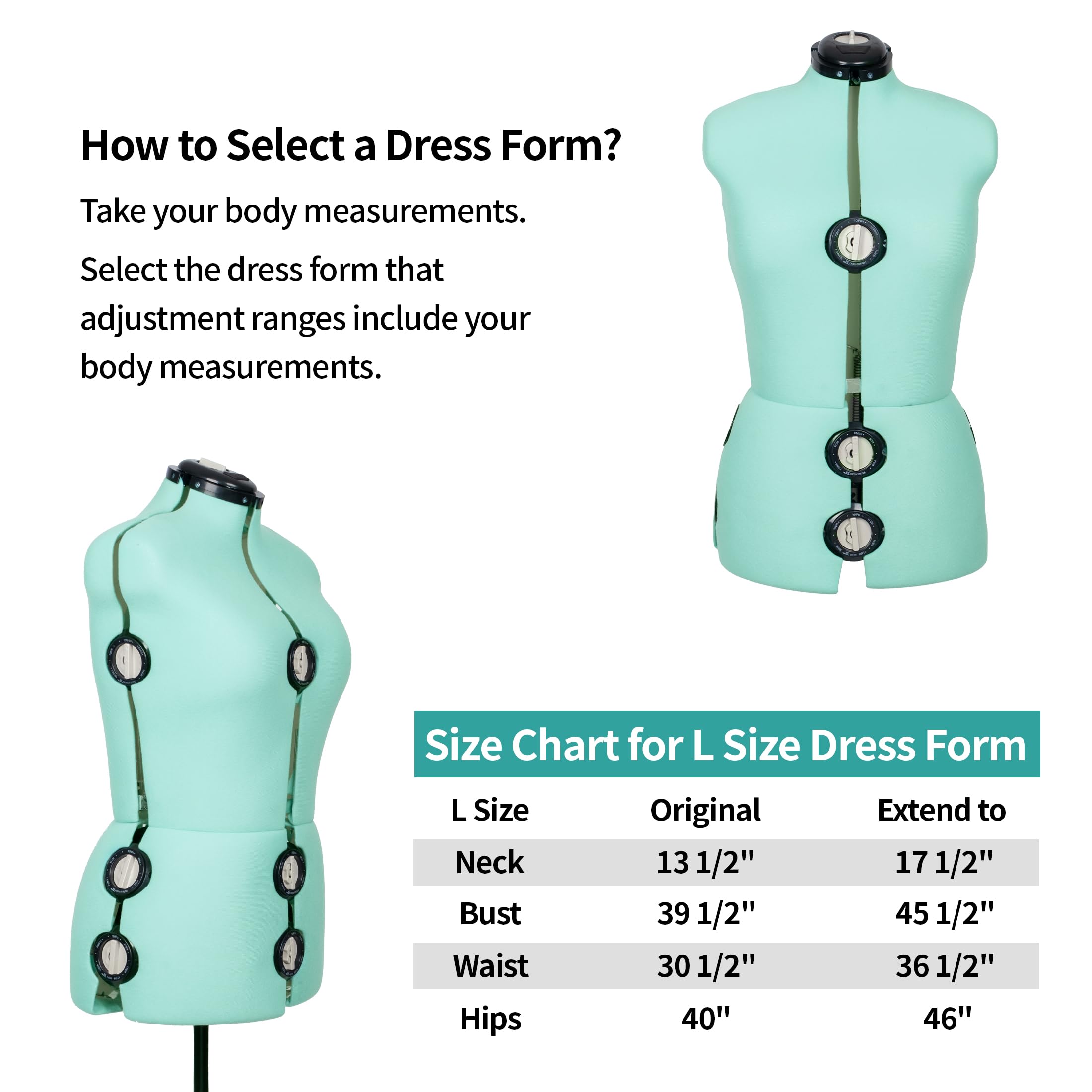 BHD BEAUTY 13-Dial Adjustable Dress Form Mannequin - Mint Green Fabric Torso with Tripod Stand, Up to 70