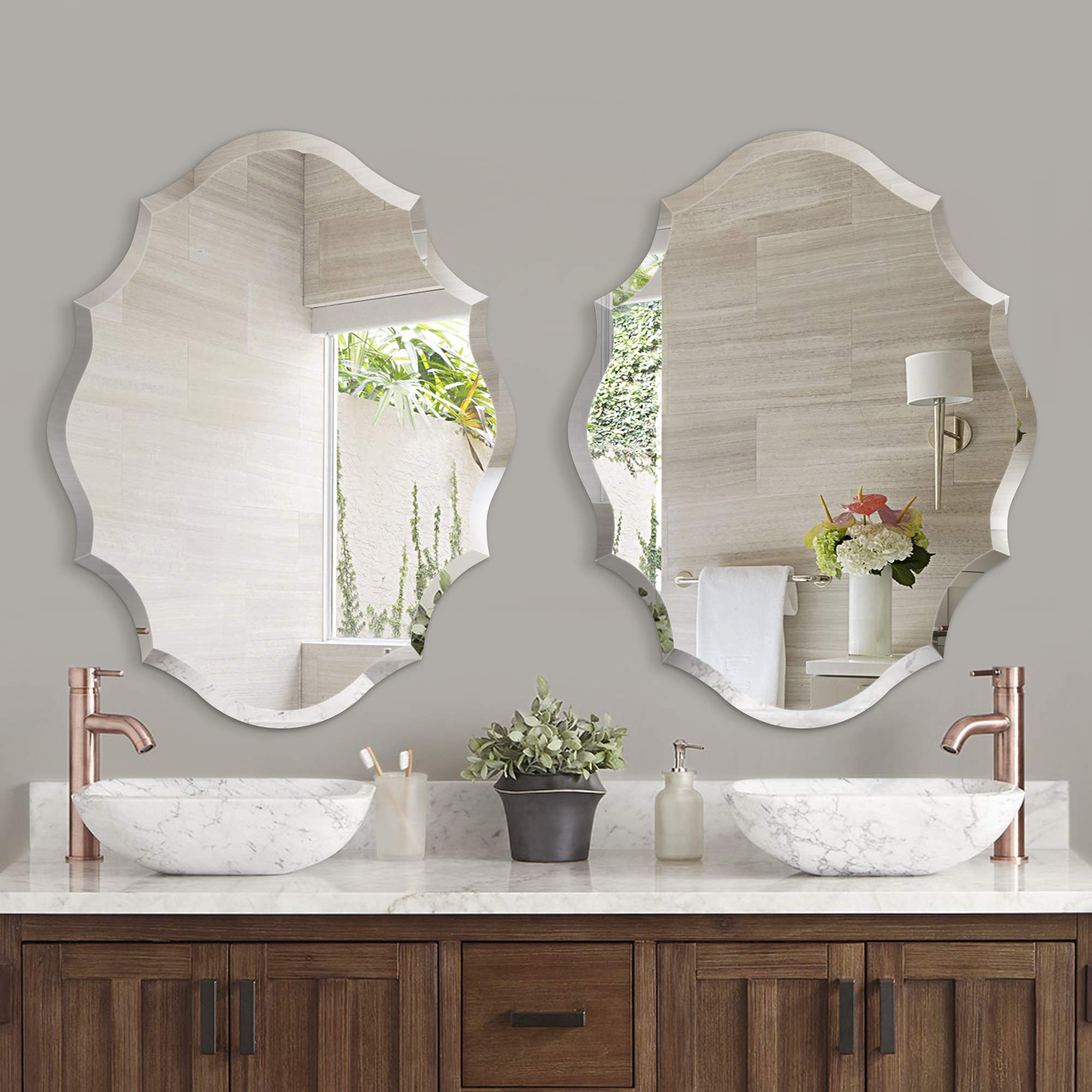 Emma Shaped Frameless Beveled Mirror with Solid Wood Backing - 22x28 Inches - Elegant Wall Mirror for Bedroom, Bathroom, Living Room & Entryway Decor