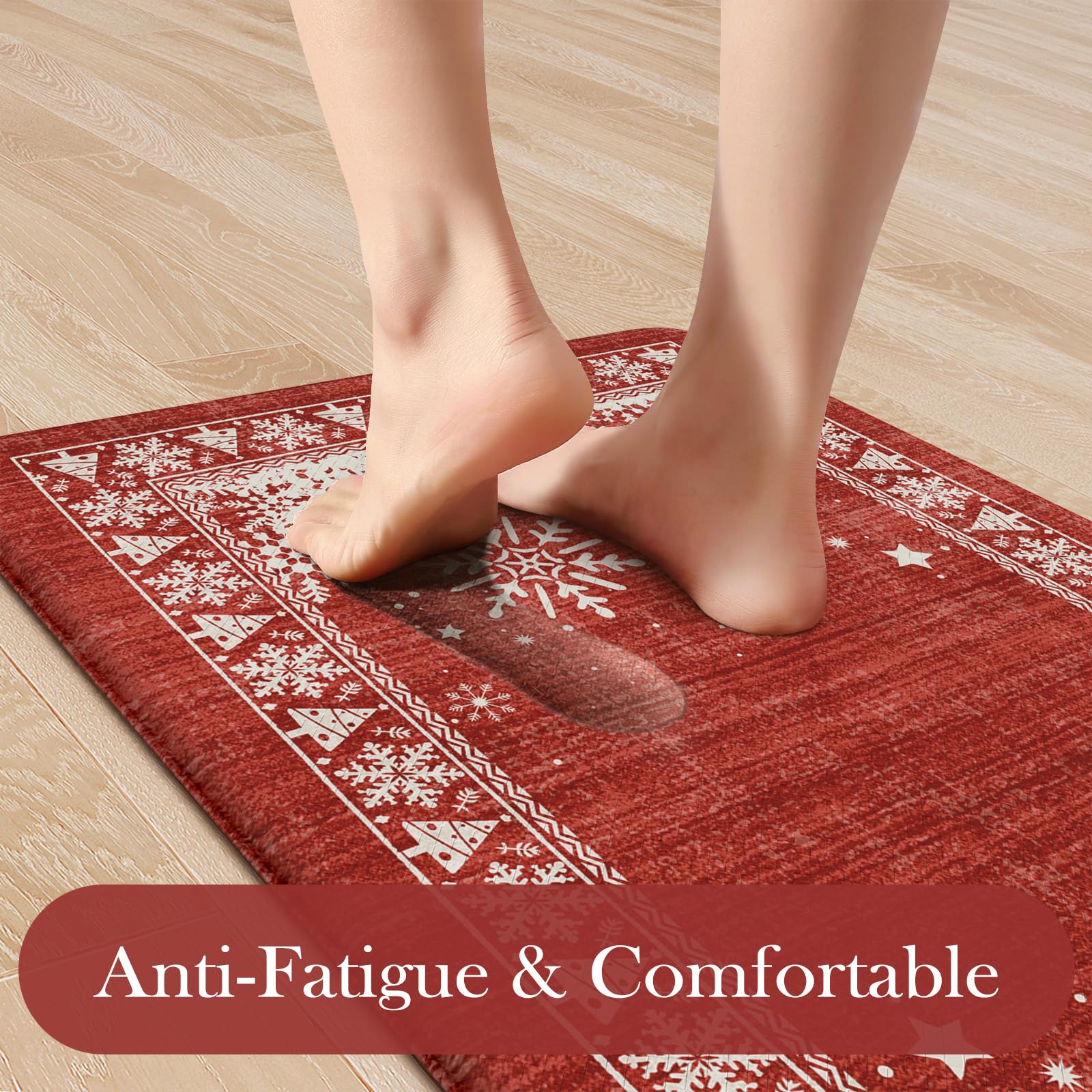 KIMODE Christmas Kitchen Mats Set of 2 - Anti Fatigue Memory Foam Floor Mats with Boho Red Snow Design, 17