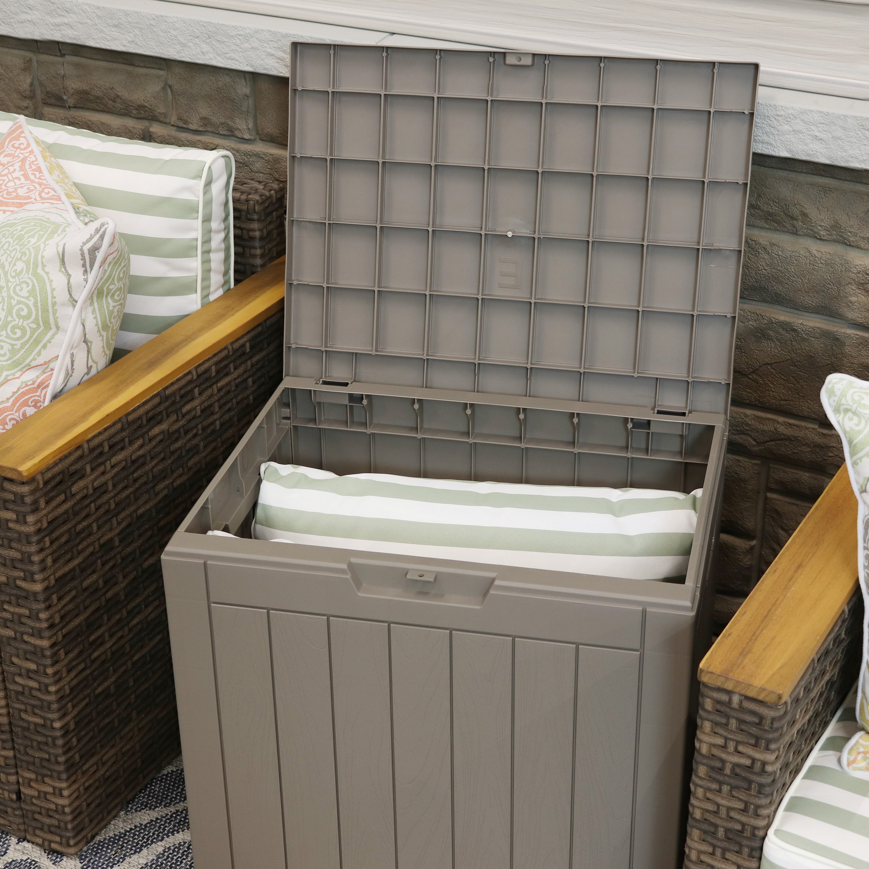 Sunnydaze 32 Gallon Small Deck Storage Box with Lockable Lid - Outdoor Patio Furniture Organizer for Cushions, Pillows, and Garden Tools