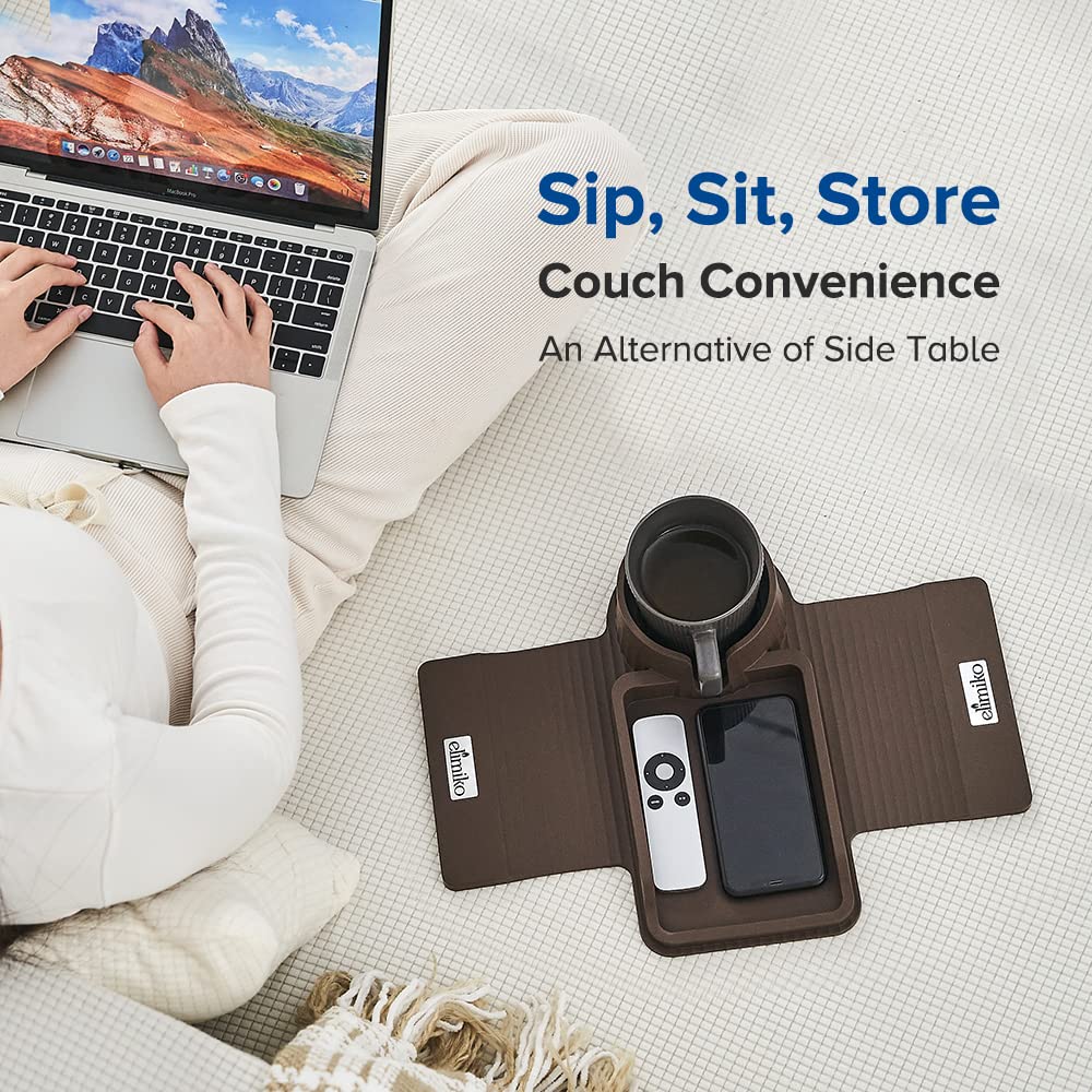 Elimiko Silicone Sofa Cup Holder Tray with Large Drink Holder - Fits Oversized Mugs, Remote, Snacks & Phone - Perfect for Living Room, Bedroom & Home Theater (Mocha Brown)