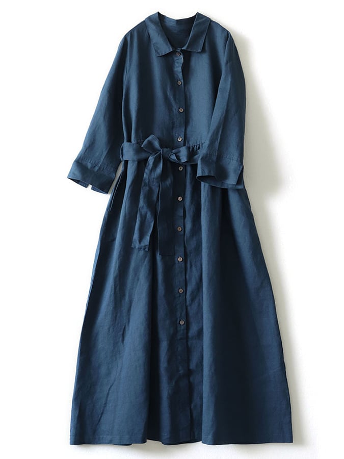 Lovevop Women's Cotton Linen Shirt Dress with Lapel & Button Belt - Casual Solid Color Tunic Dress for Office, Travel and Everyday Wear