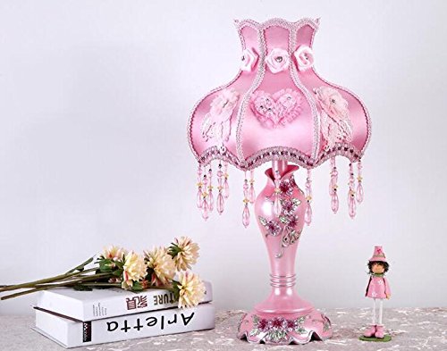 Tiffany Style Dimmable Table Lamp - Victorian Jeweled Desk Lamp with Floral Cloth & Resin Shade (Pink) - Perfect for Bedroom, Living Room, Office & Study Decor