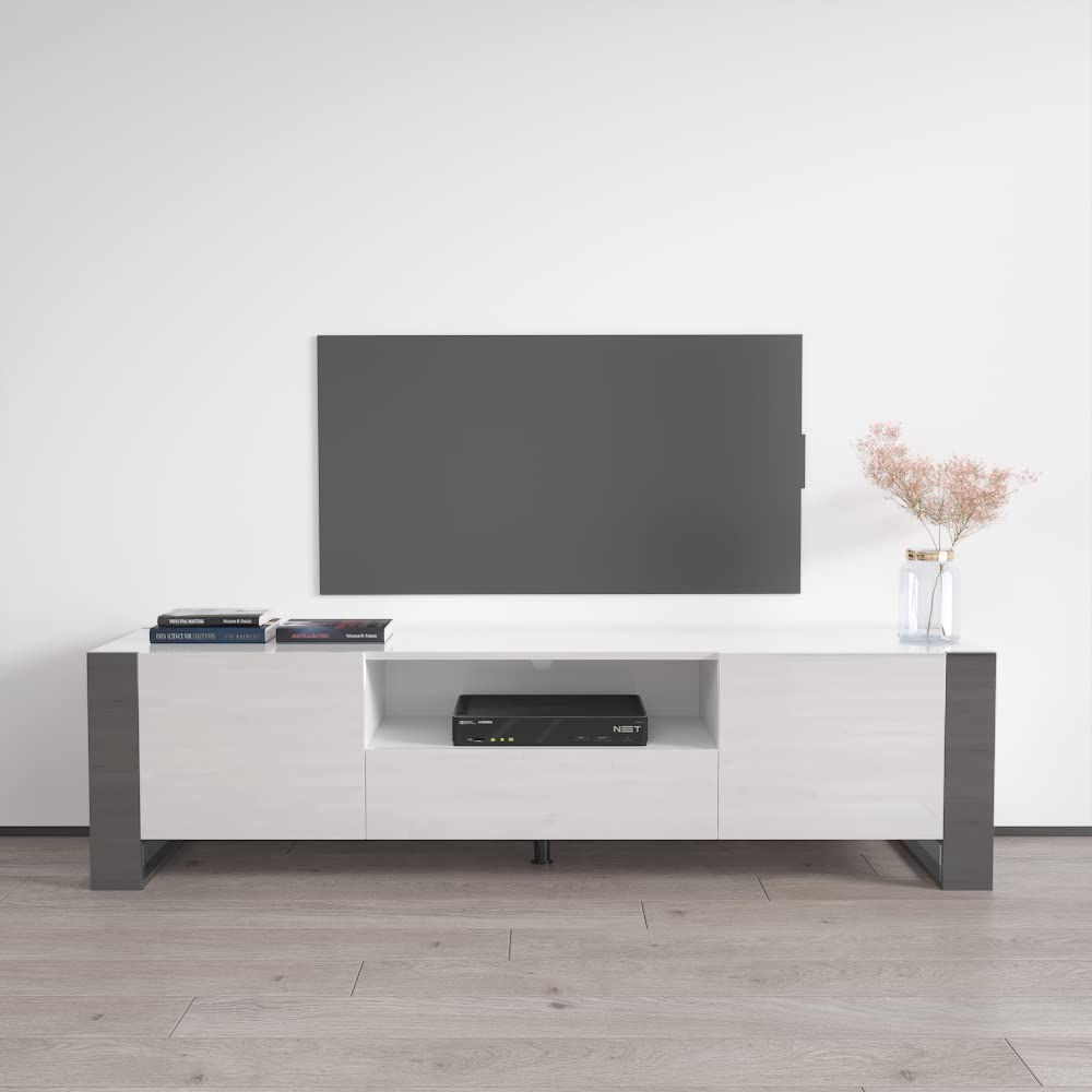 Modern Woody Freestanding TV Stand with Storage Cabinets - 75 Inch Media Entertainment Center Console Table - White/Gray TV Stand for Living Room, Bedroom & Home Theater