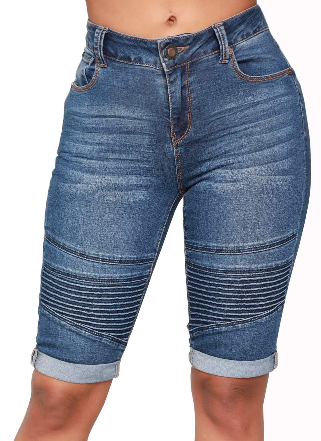 Stylish Women's High Waist Butt-Lifting Stretchy Denim Bermuda Shorts with Moto Details & Wrinkle Cuffs | Perfect for Summer Outfits, Casual Wear & Street Style Fashion
