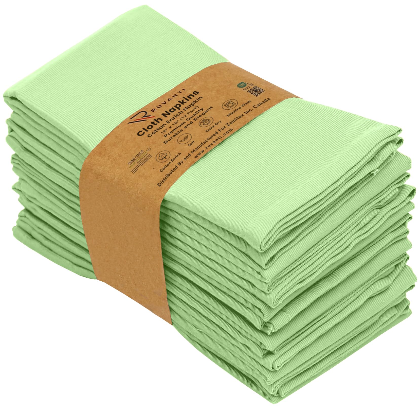 Ruvanti 12-Pack 18x18 Inch Washable Cotton Blend Cloth Napkins - Soft, Durable & Absorbent for Dinner, Restaurant, Wedding & Party Use | Light Green Table Linens for Elegant Dining & Special Occasions