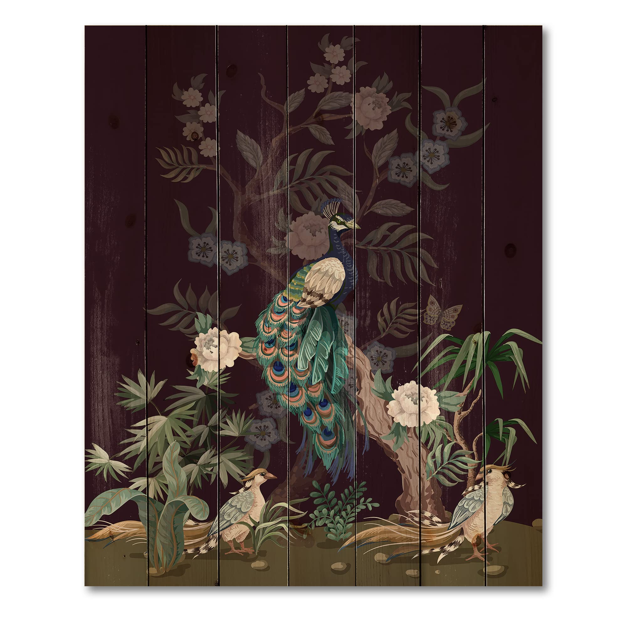 DesignQ Chinoiserie Wall Art - Traditional Black Wood Panel with Birds & Peonies Print on Natural Pine - Large Animal Wall Decor for Living Room, Bedroom & Office