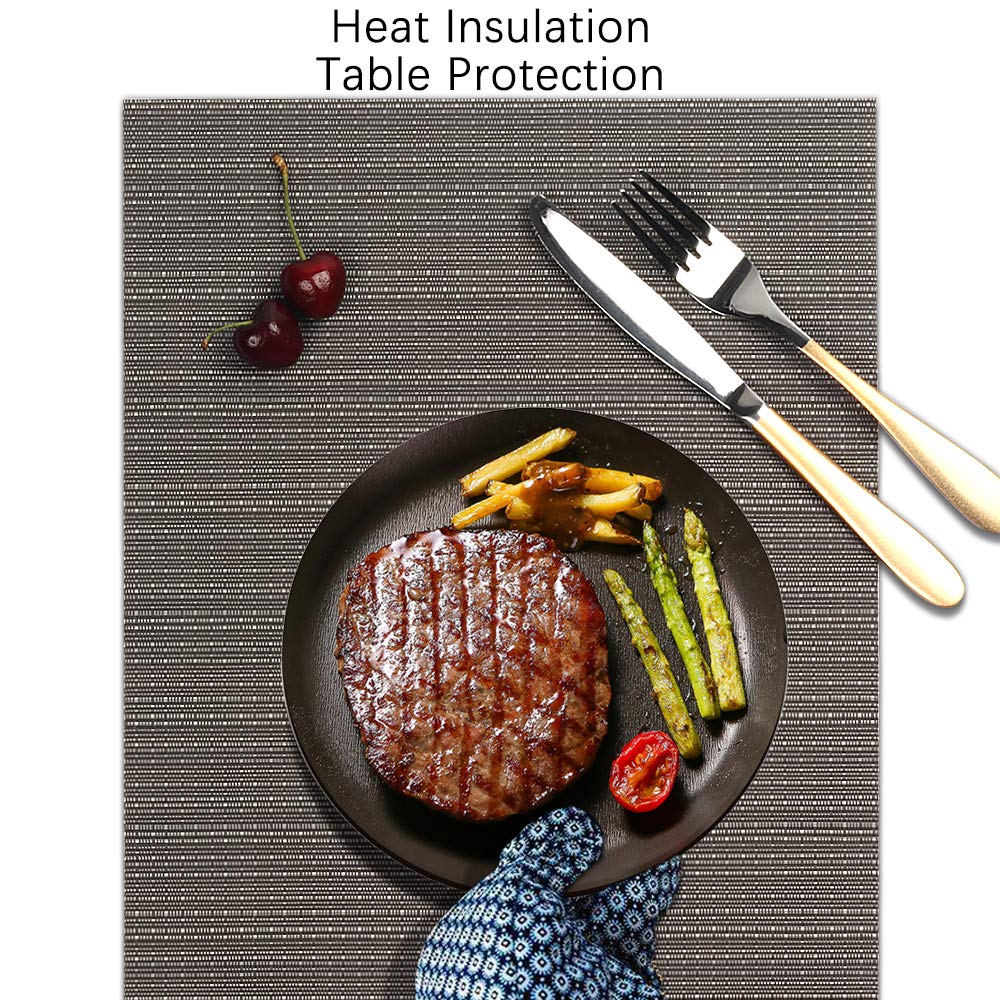 Myir JUN Set of 8 Non-Slip Heatproof Woven Placemats - Washable PVC Table Mats for Dining, Kitchen & Indoor Use (Dark Gray) - Perfect for Everyday Meals, Dinner Parties & Home Decor