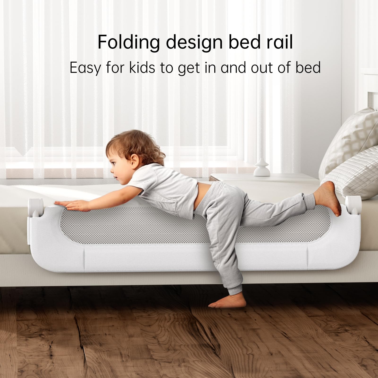 **Foldable Toddler Bed Rail - Safety Baby Bed Guard with Reinforced Anchor System - Fits Twin, Full, Queen & King Beds (White, 43