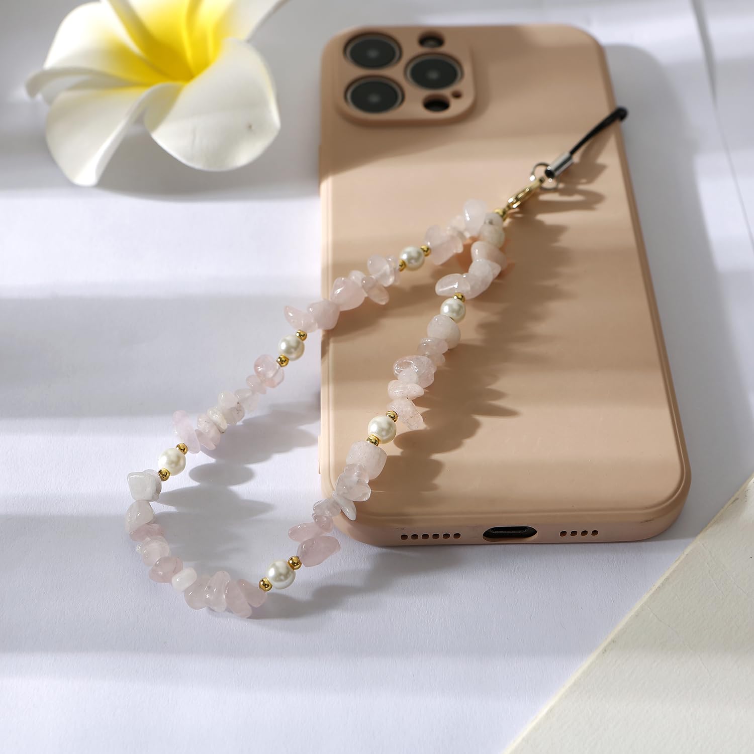 Natural Gemstone Beaded Phone Wrist Strap - Adjustable Phone Lanyard with Charms for Women & Girls (Pink) | Stylish Phone Accessory for Everyday Use, Shopping & Travel