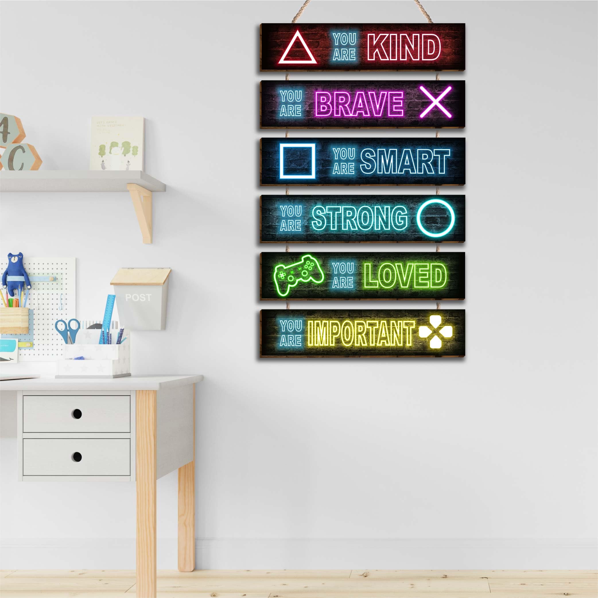 6-Piece Neon Gaming Wall Art Set - Inspirational Positive Quote Signs for Boys & Girls Room Decor, Teens Bedroom, Toddler Princess Nursery - Perfect for Gaming Room, Kids Bedroom & Dormitory Wall Decor