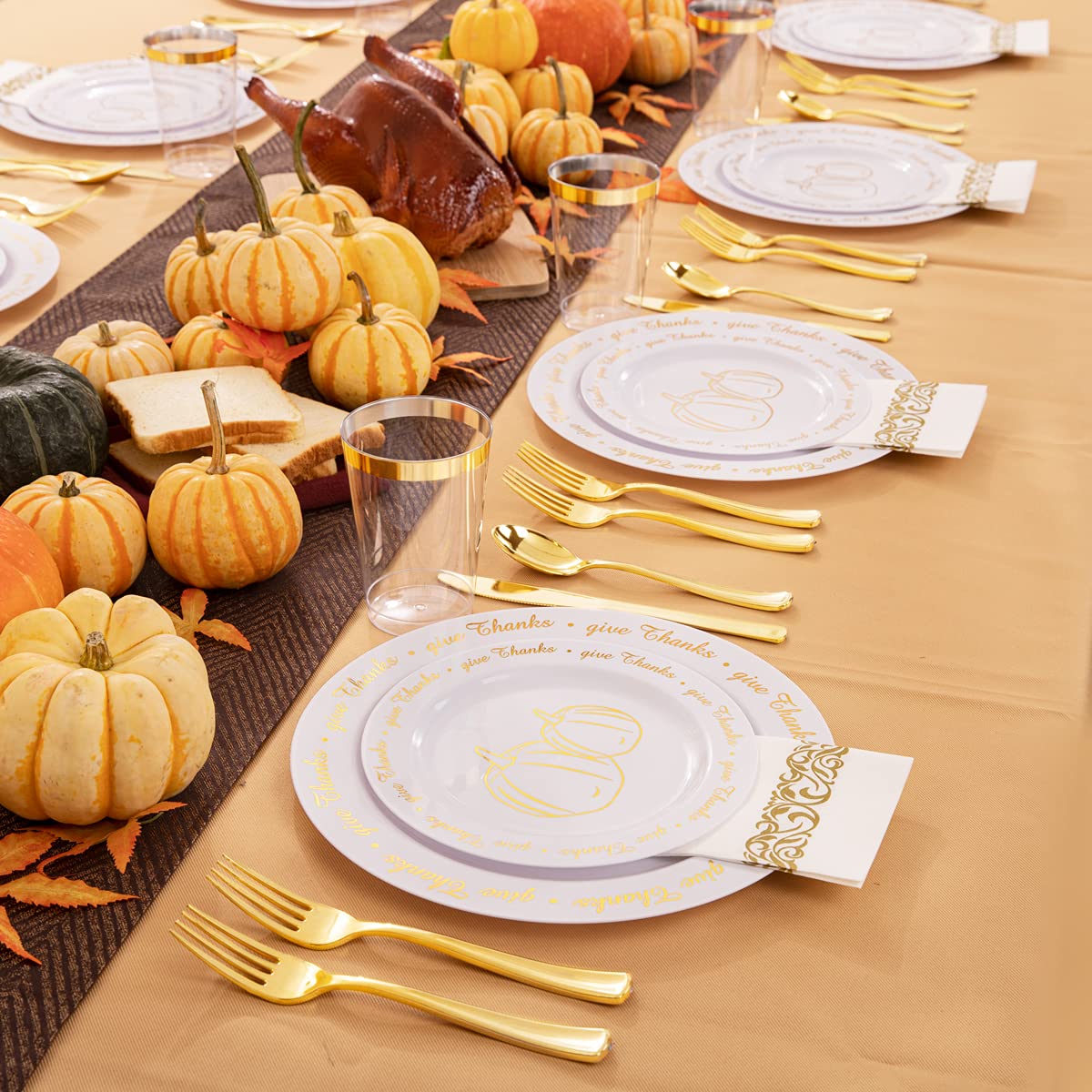 200-Piece Thanksgiving Dinnerware Set - Gold Plastic Plates, Silverware, Cups & Napkins for Fall Parties | Elegant Disposable Tableware for Thanksgiving Feast, Holiday Gatherings & Autumn Celebrations