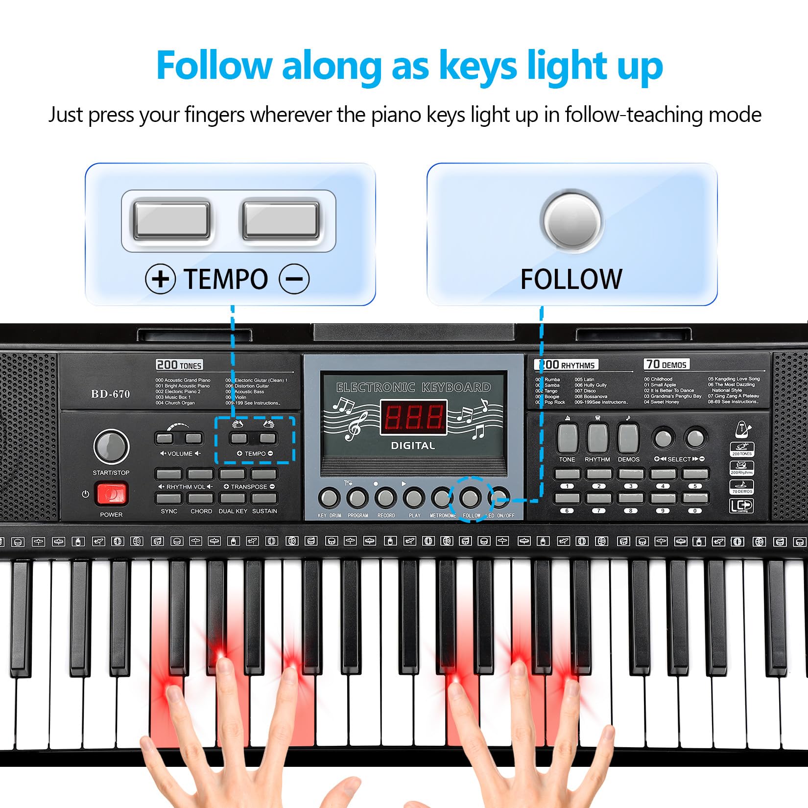 61 Key Electronic Keyboard Piano for Beginners - Portable Digital Piano with Stand & Bench, Lighted Keys, 200 Tones/Rhythms, 70 Demo Songs - Perfect for Home Learning, Music Practice & Gift (Metronome, Sustain, Pitch Bend, Dual Key Functions)