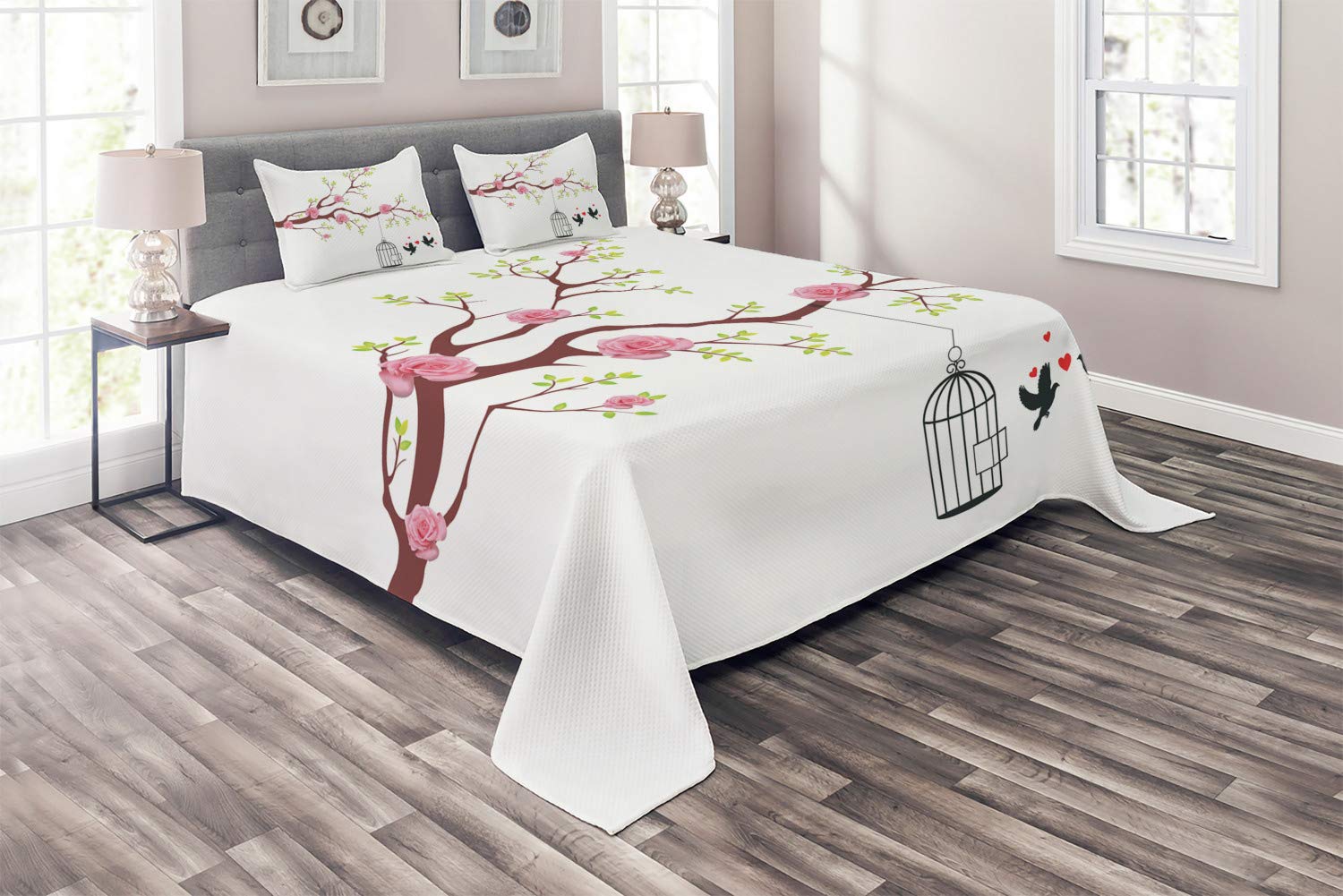 Ambesonne 3-Piece King Size Quilted Bedspread Set - Pink, Brown & White Floral Bird Design with Hearts & Cage, Includes 2 Pillow Shams | Romantic Bedroom Decor for Couples, Wedding Gift Idea