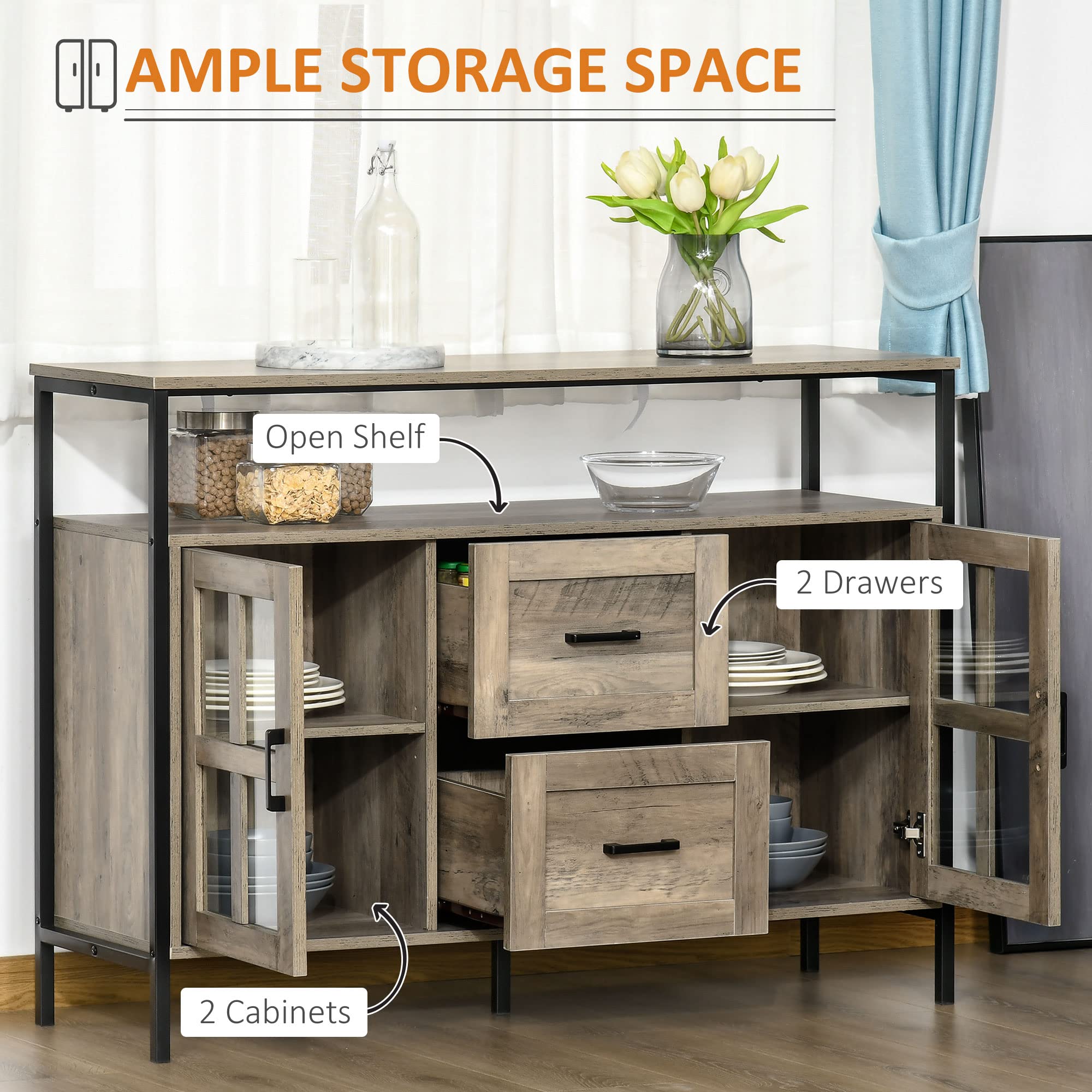 HOMCOM Industrial Sideboard Buffet Cabinet with Adjustable Shelves & Glass Doors - 2-Drawer Storage Cabinet for Kitchen, Living Room, Dining Room | Coffee Bar, Home Organization, Gray Furniture for Modern Interiors